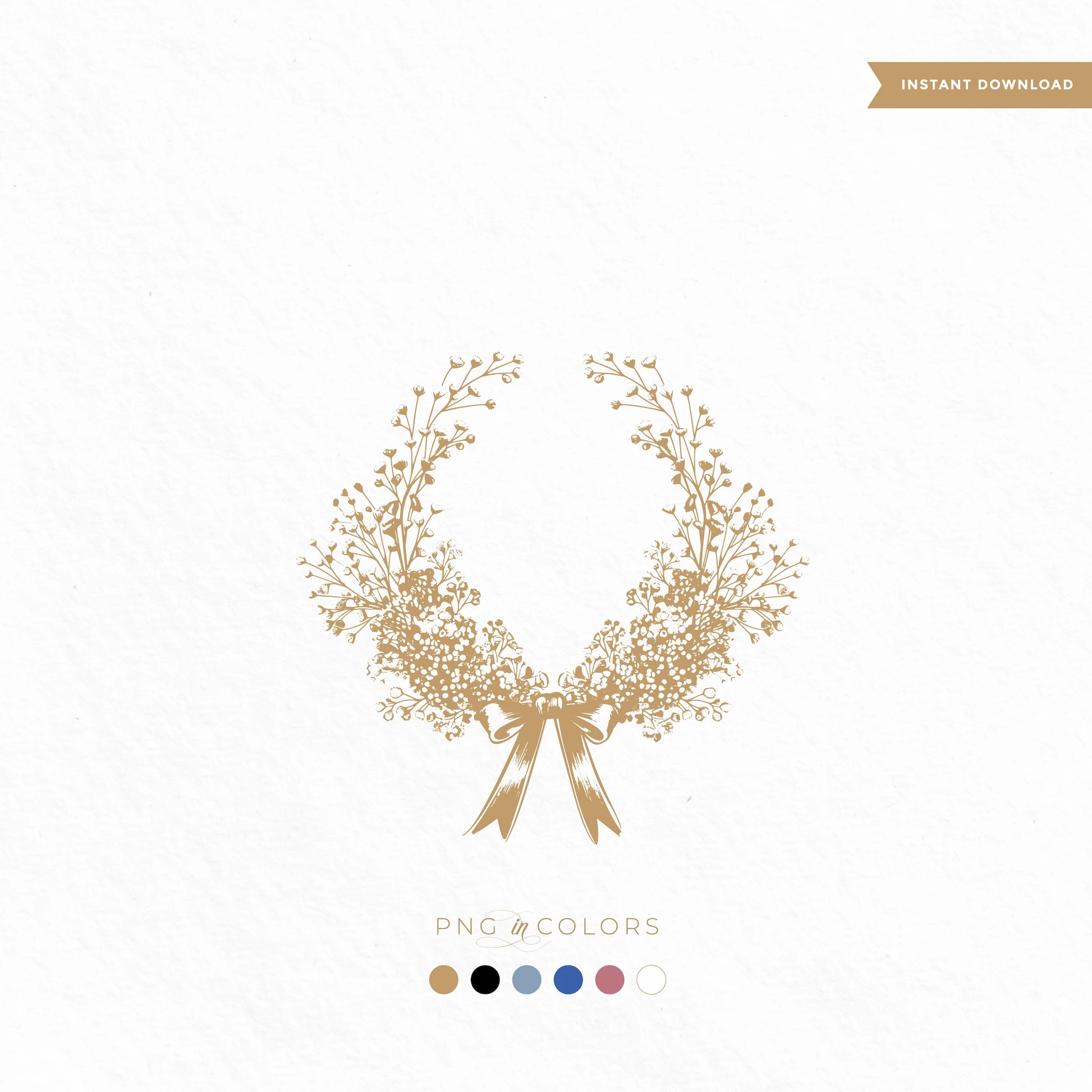 Vintage baby’s breath floral crest SVG with bow, shown in six colors – editable wedding logo PNG and vector download for invitations and keepsakes