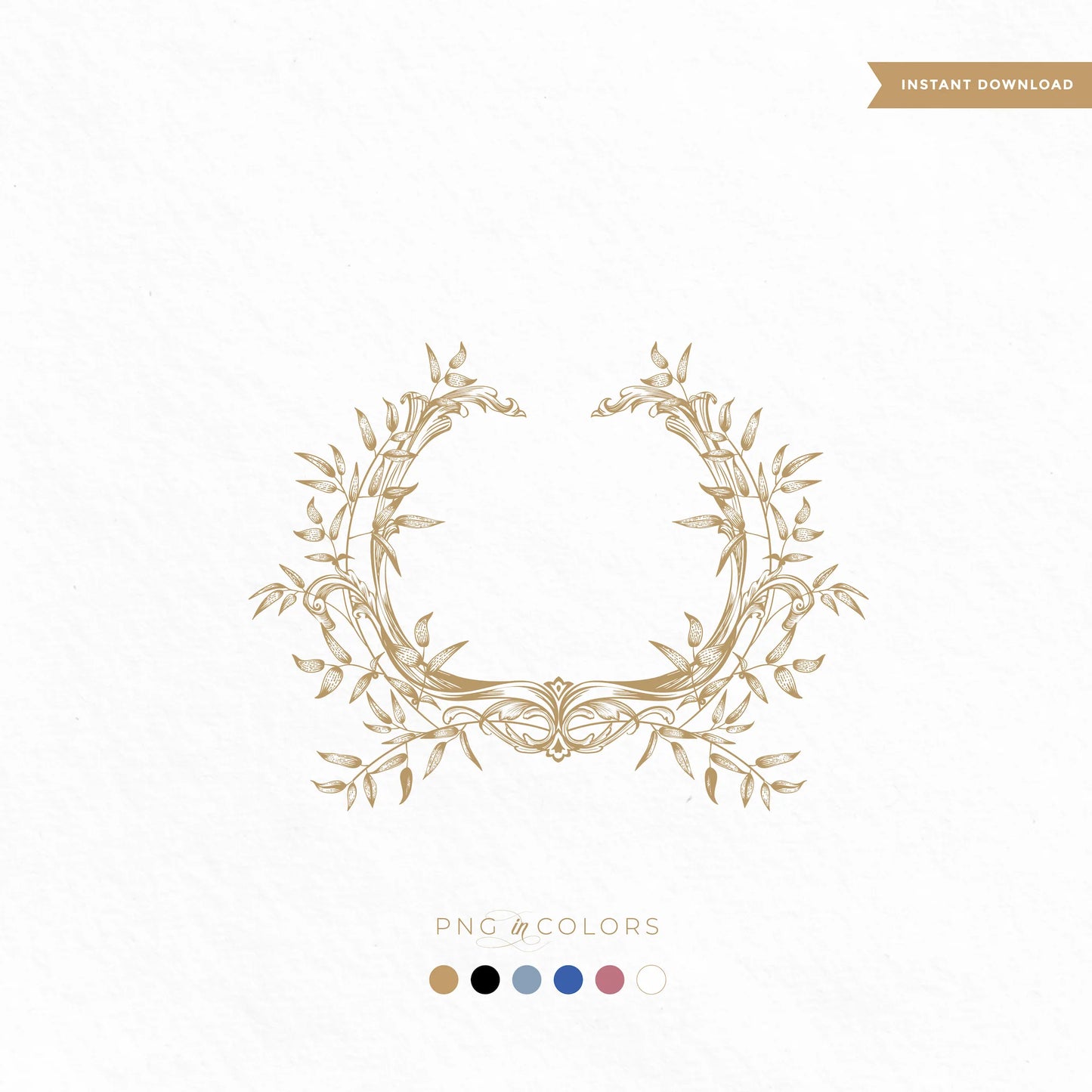Editable vintage laurel wreath crest with ornate botanical engraving and ribbon base — includes 6 PNG colors and SVG for winter wedding invitations and foil printing