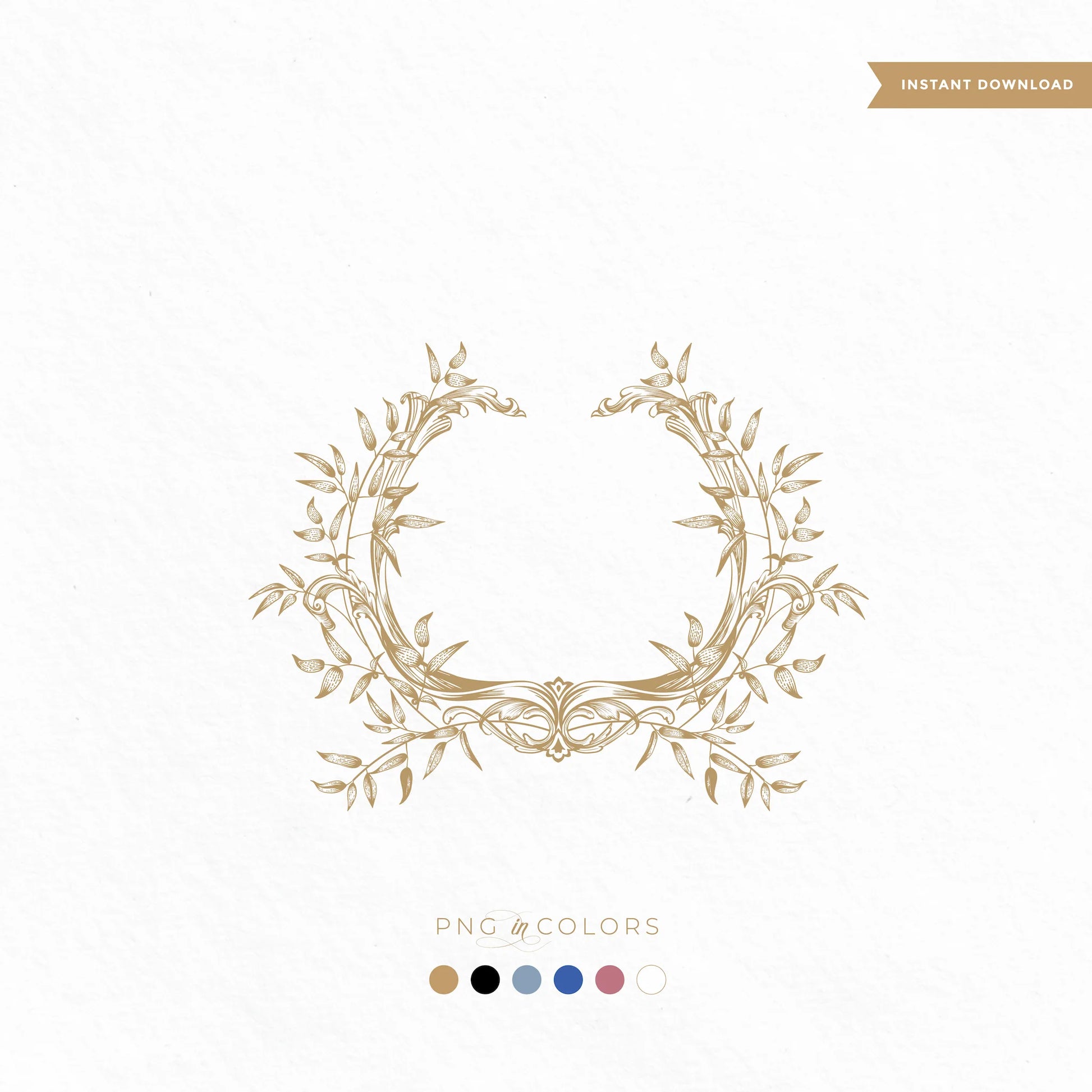 Editable vintage laurel wreath crest with ornate botanical engraving and ribbon base — includes 6 PNG colors and SVG for winter wedding invitations and foil printing