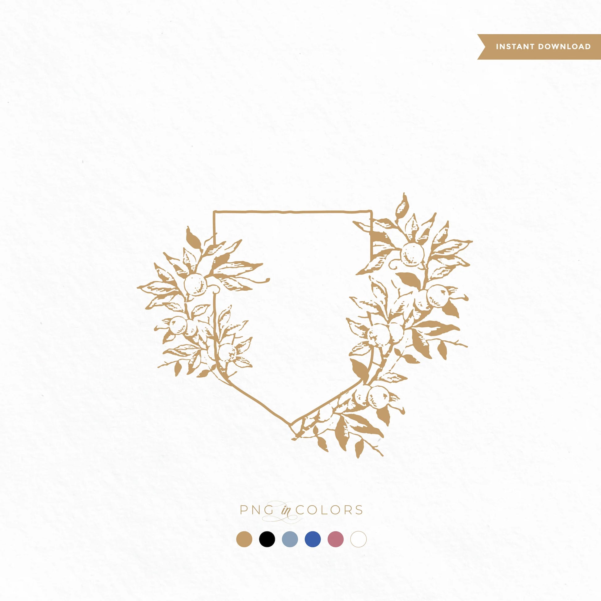 Vintage mandarin crest SVG with citrus branches and shield — editable destination wedding monogram in gold, blue, rose & black