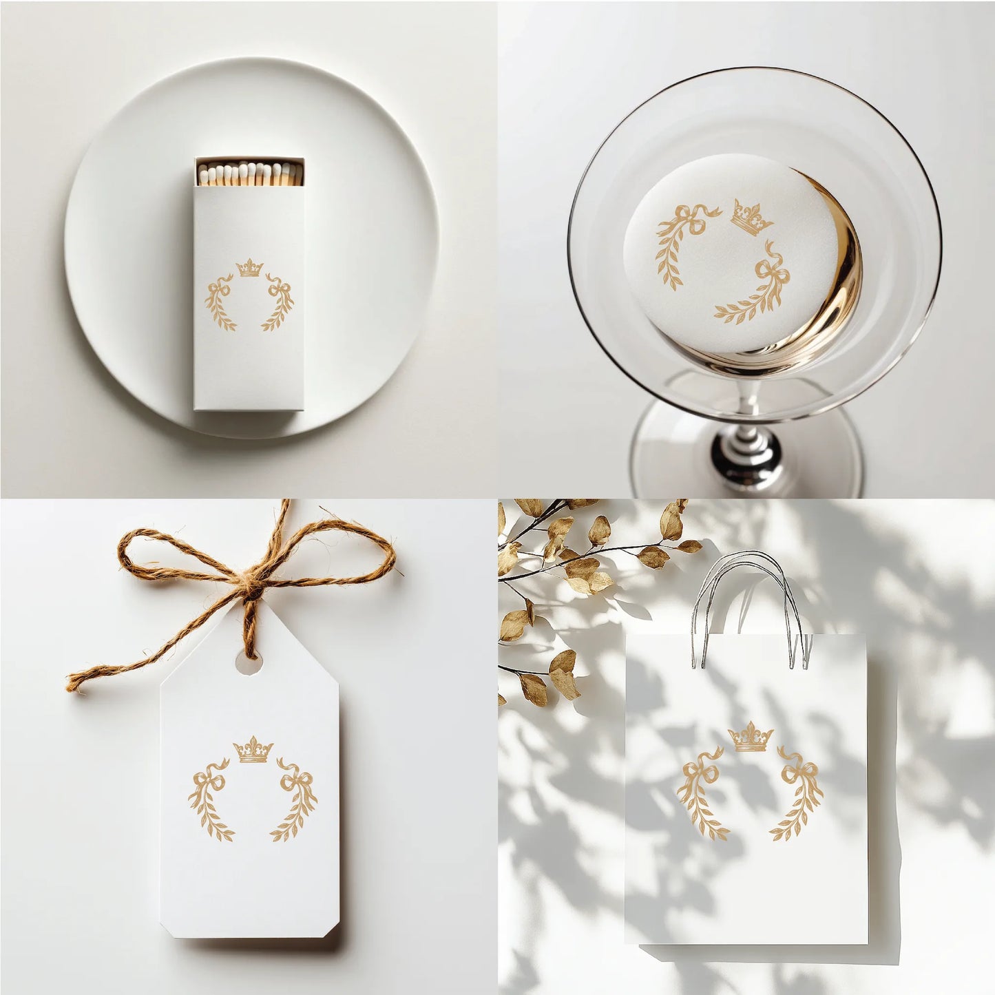 Minimalist crown laurel crest printed on wedding matchbox, drink topper, tag, and gift bag – perfect for royal wedding favors, elegant events, and holiday branding design.