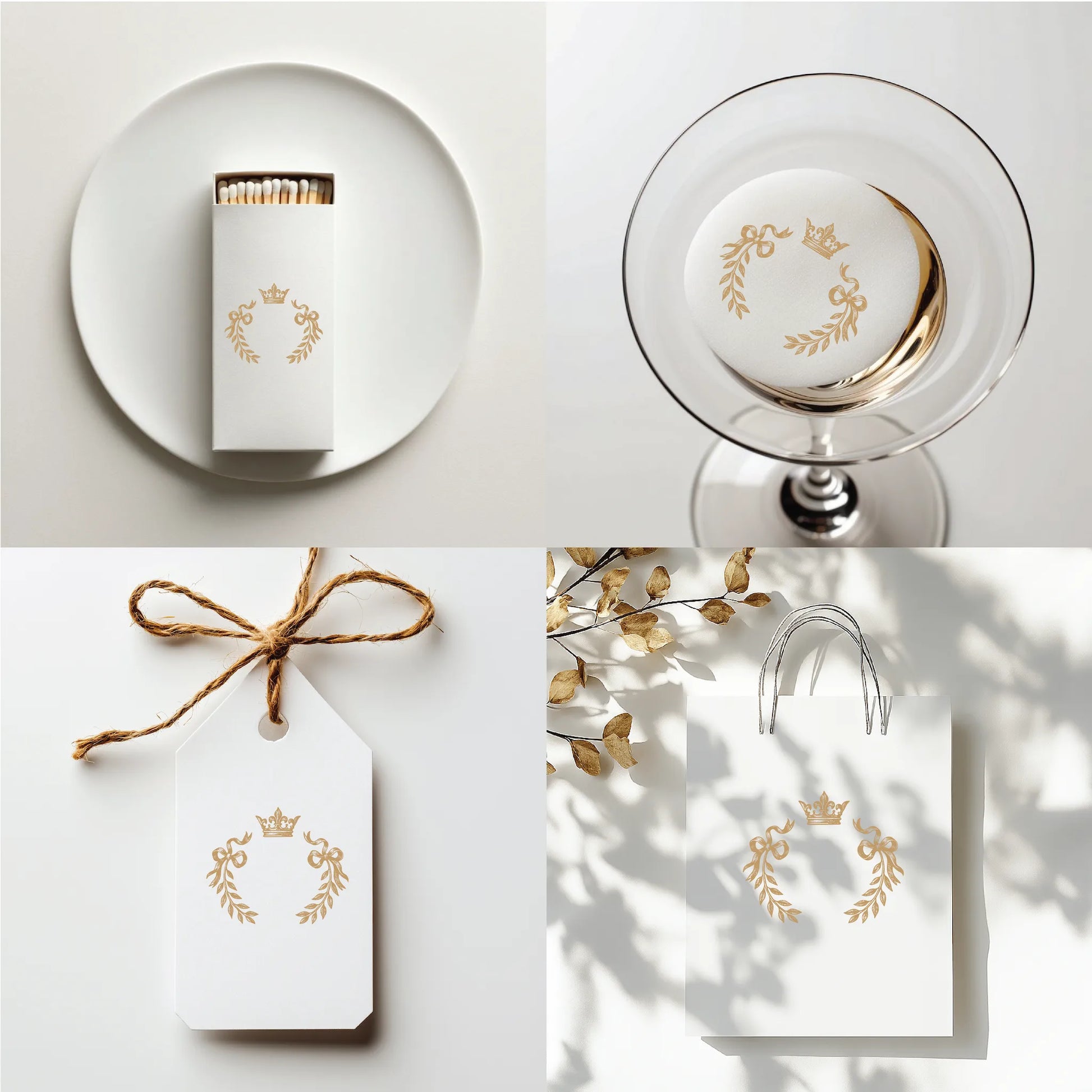Minimalist crown laurel crest printed on wedding matchbox, drink topper, tag, and gift bag – perfect for royal wedding favors, elegant events, and holiday branding design.