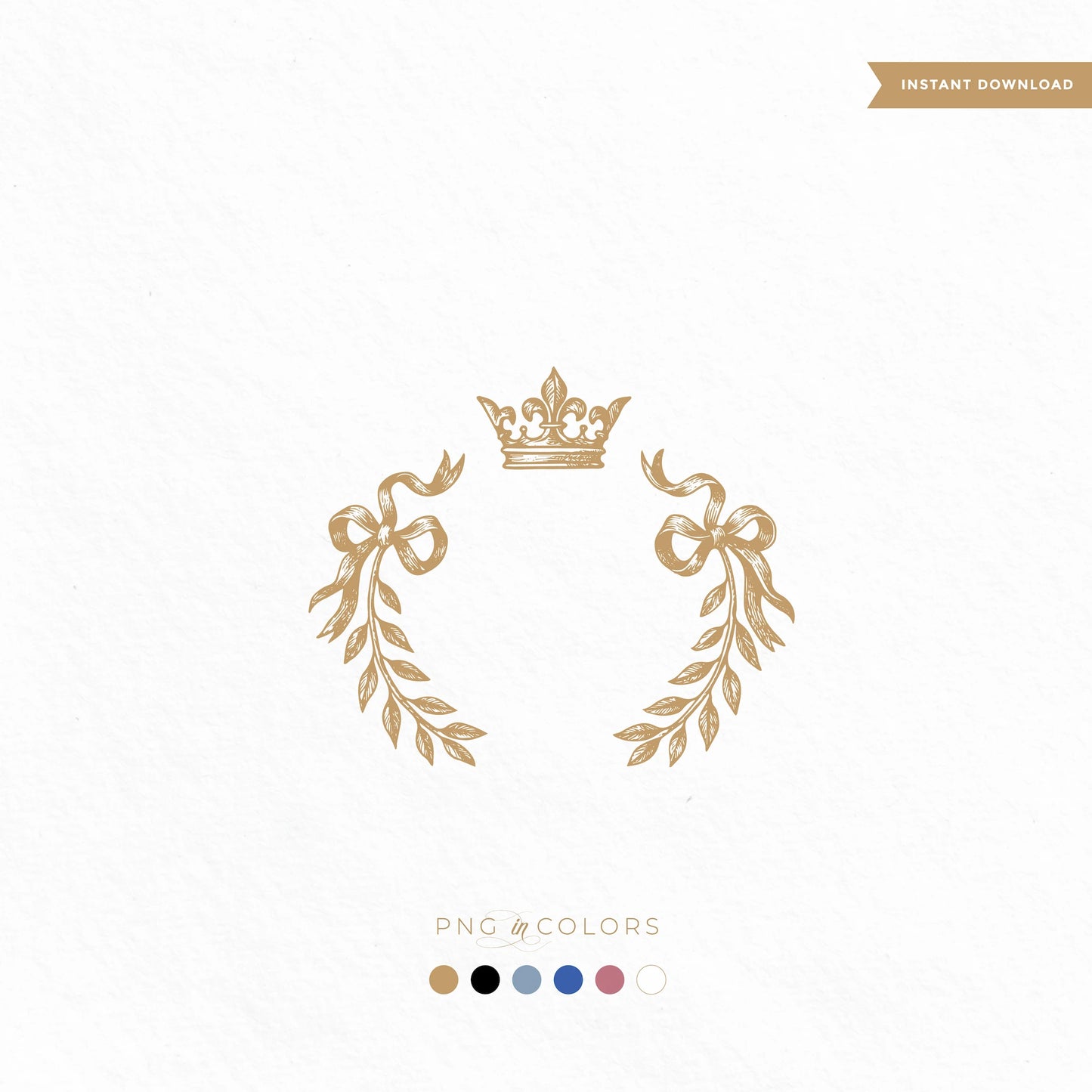 High-resolution vintage crown laurel wedding monogram logo SVG on white background – digital download in gold, black, white, dusty blue, chinoiserie blue, and rose gold for Cricut, Canva, and Procreate.