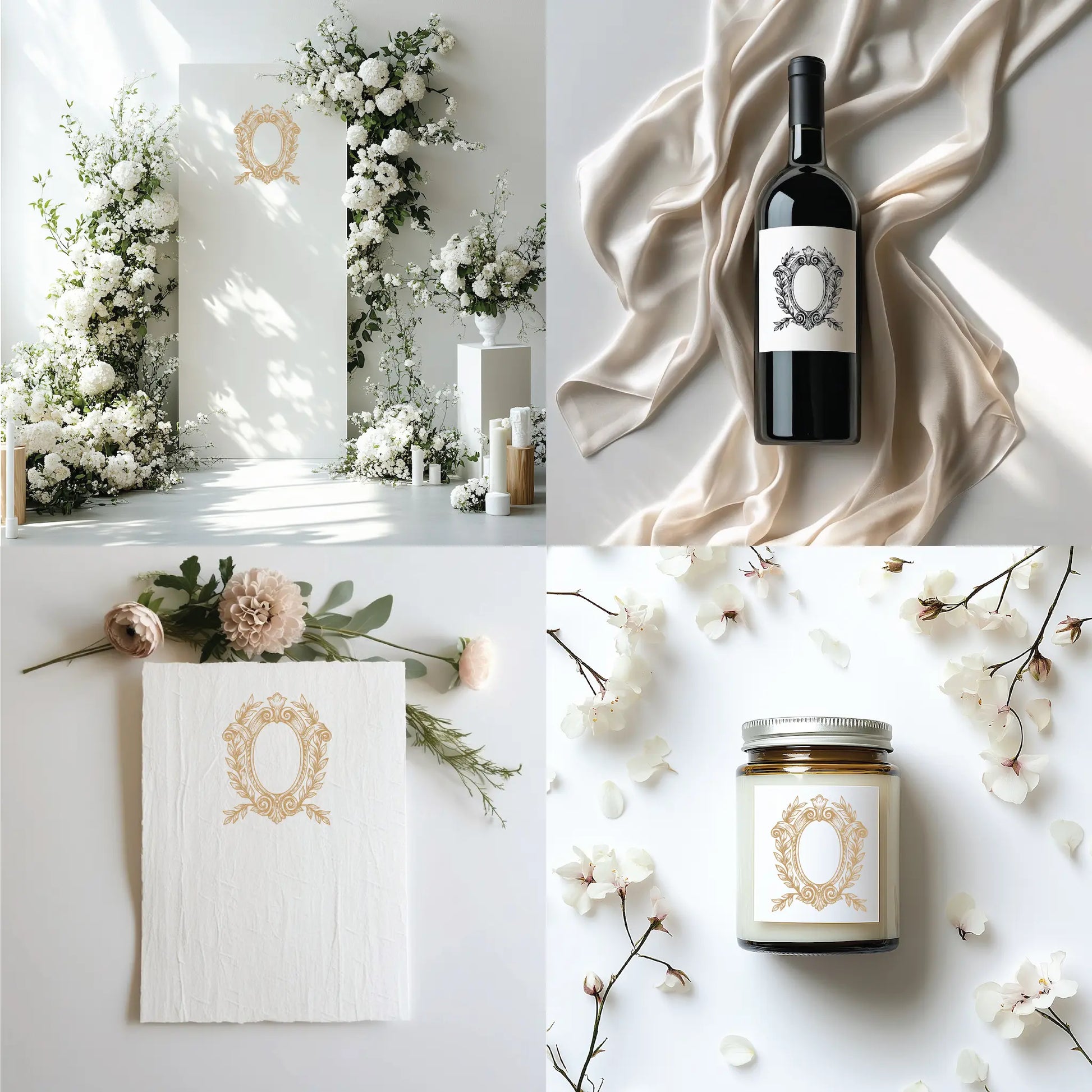 Elegant vintage monogram crest displayed at a white floral wedding altar, custom wine bottle label, handmade paper stationery, and candle favor with crest design