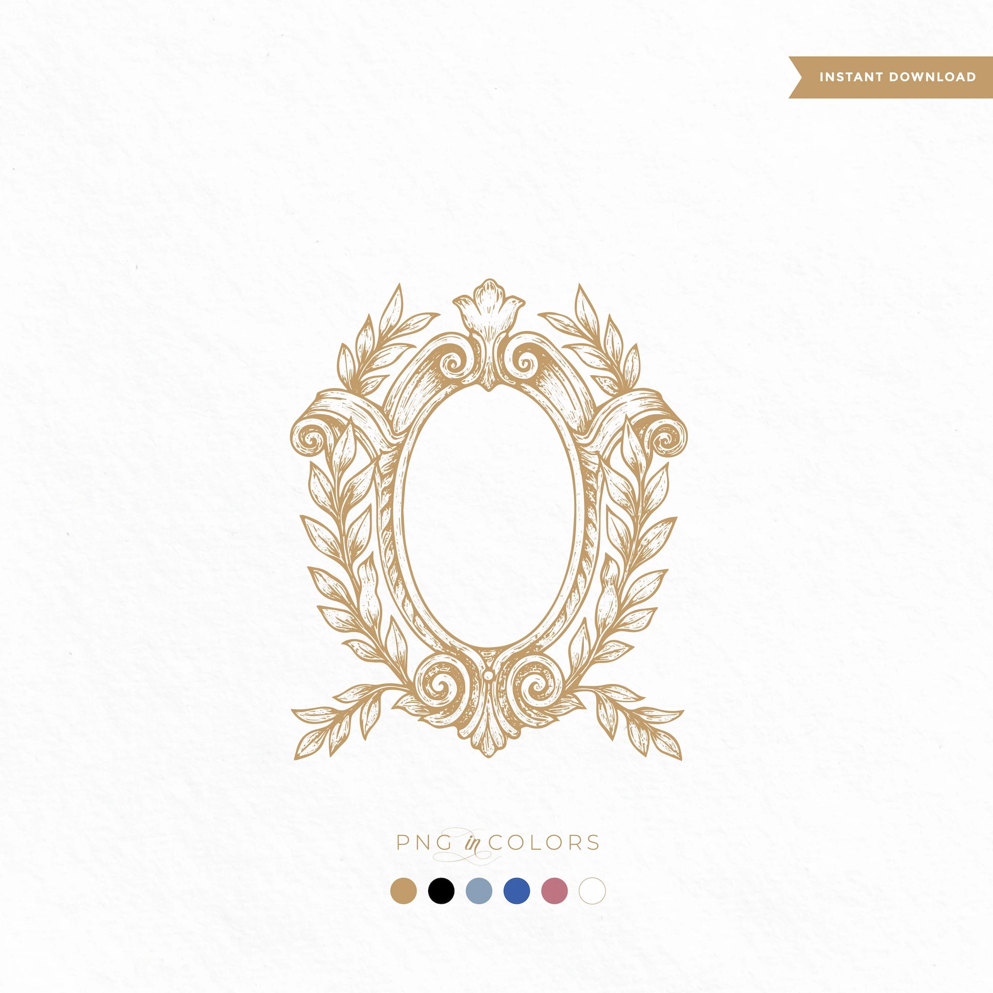 High-resolution vintage oval monogram crest with leaf and scroll details in gold — digital download with PNGs in 6 classic colors for weddings