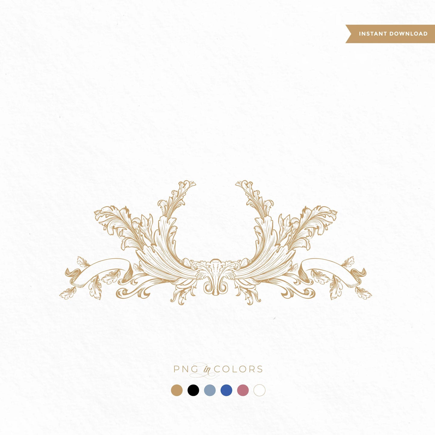 Editable scroll crest SVG with oak leaves and ribbon banner in 6 refined colors — fine art logo design for wedding monograms and brand identity