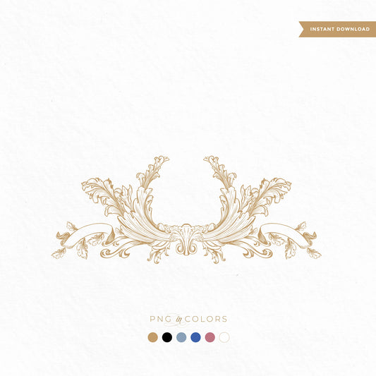 Editable scroll crest SVG with oak leaves and ribbon banner in 6 refined colors — fine art logo design for wedding monograms and brand identity