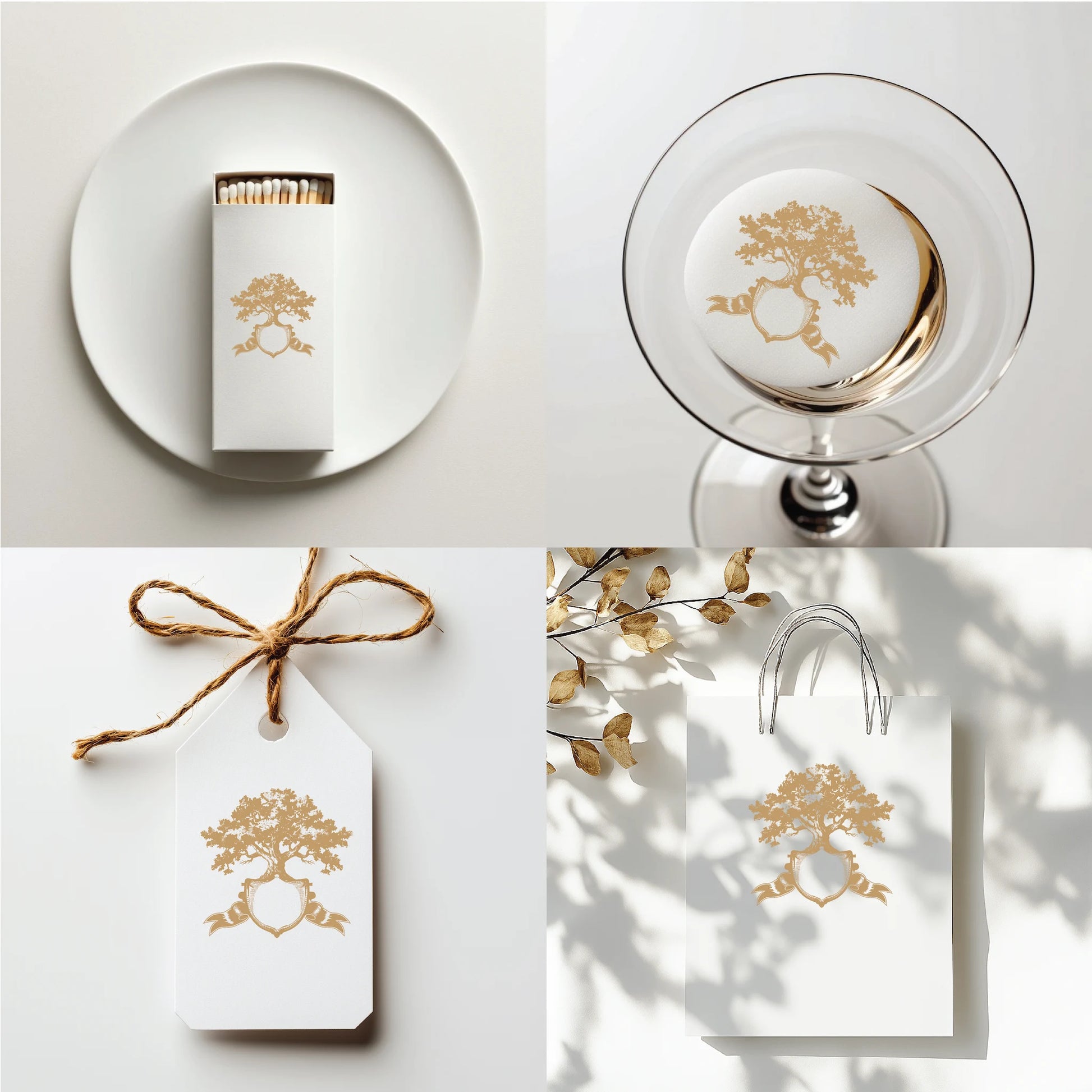 Vintage oak tree wedding crest on candle label — custom favor idea for rustic, boho, or autumn weddings