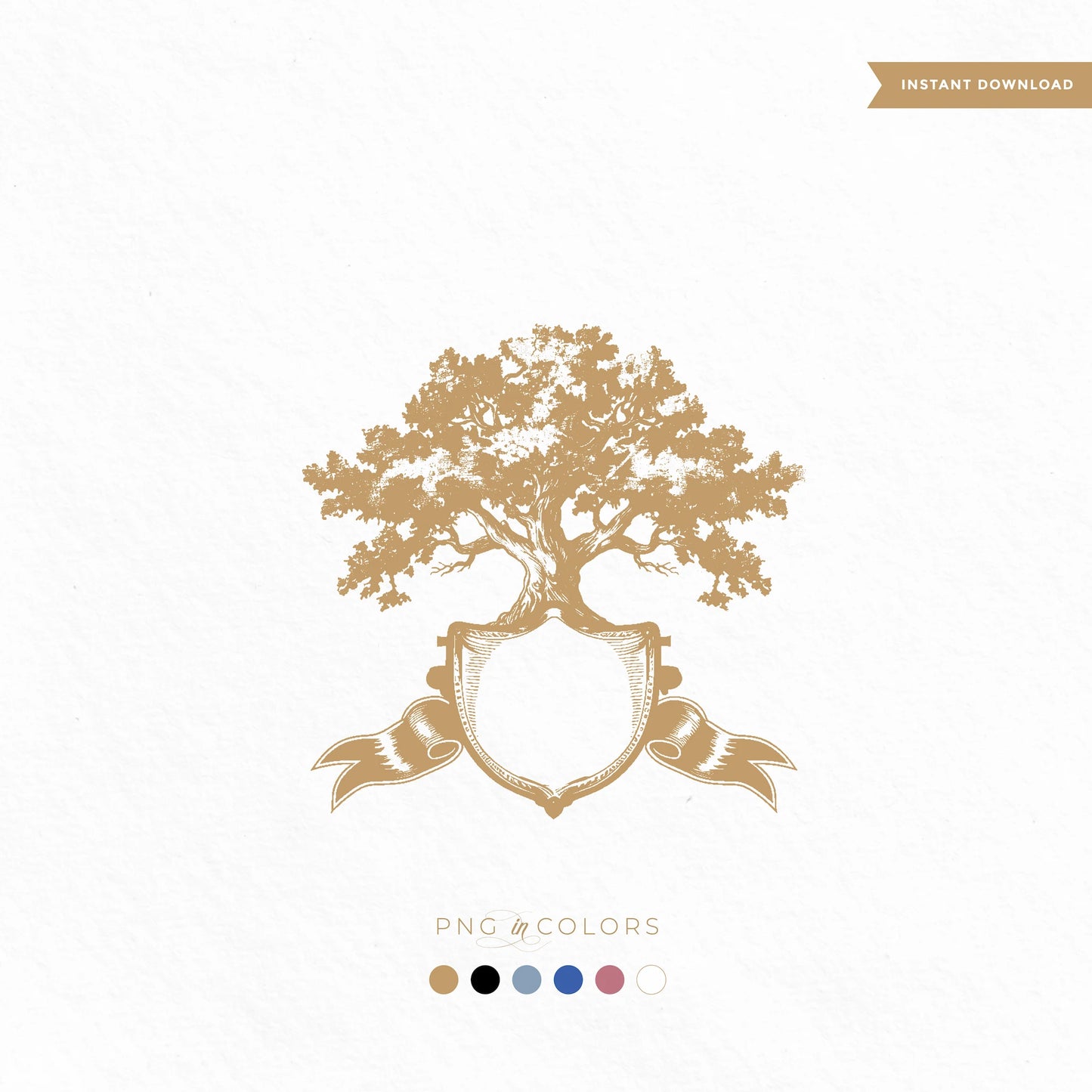 Vintage oak tree crest SVG with blank shield and ribbon — rustic wedding logo template in high-resolution digital format