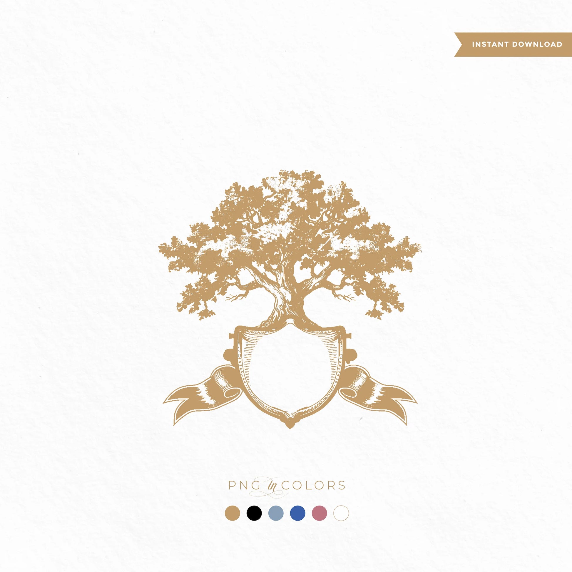 Vintage oak tree crest SVG with blank shield and ribbon — rustic wedding logo template in high-resolution digital format