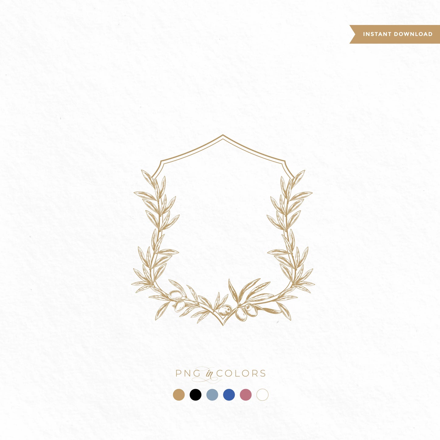 Hand-drawn vintage olive wedding crest in classic shield shape — downloadable SVG & PNG monogram logo in gold, rose, blue, black, and white by LinvitInstant.