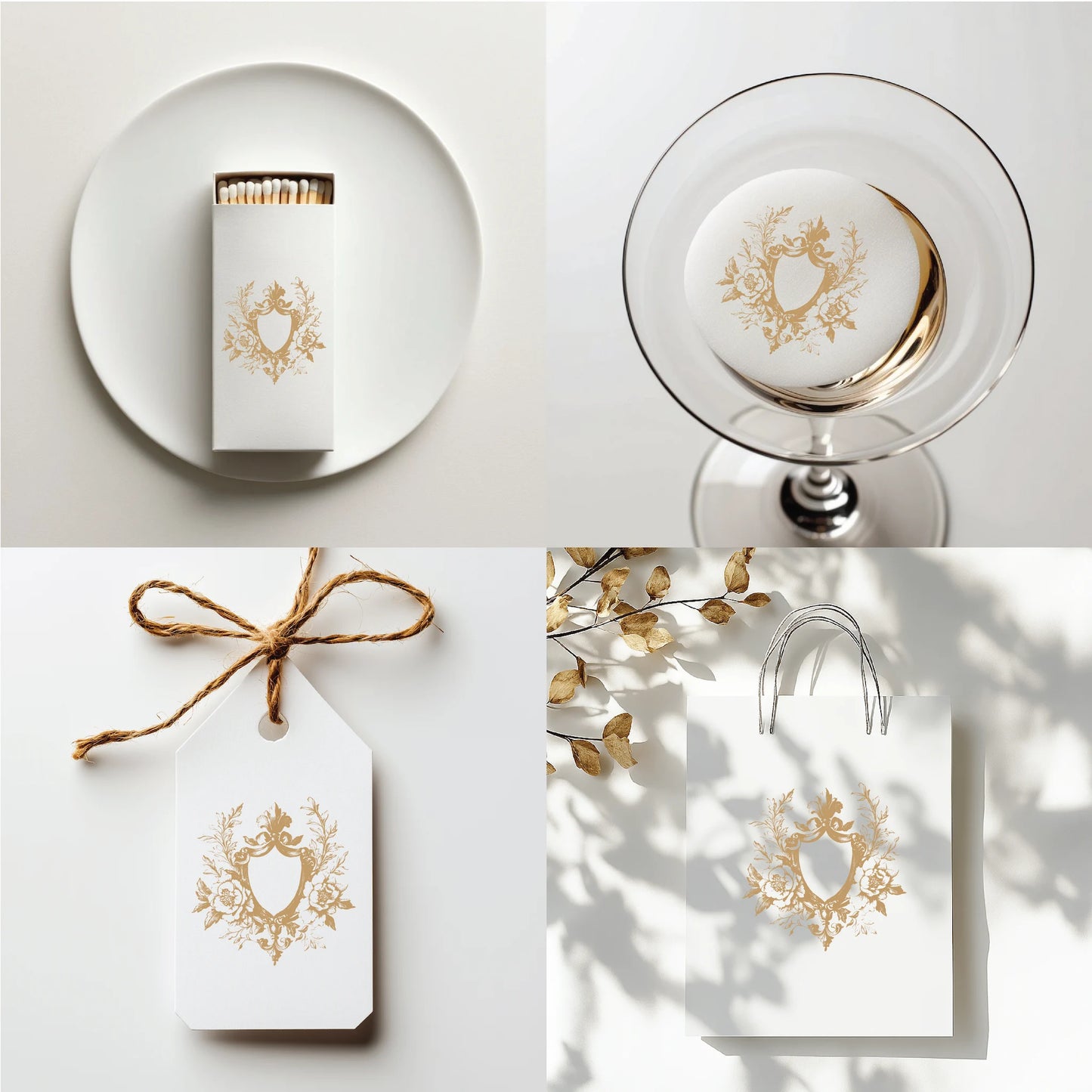 Editable peony floral crest logo displayed on wine bottle, invitation card, and candle label — ideal for personalized wedding favors and fine stationery.

