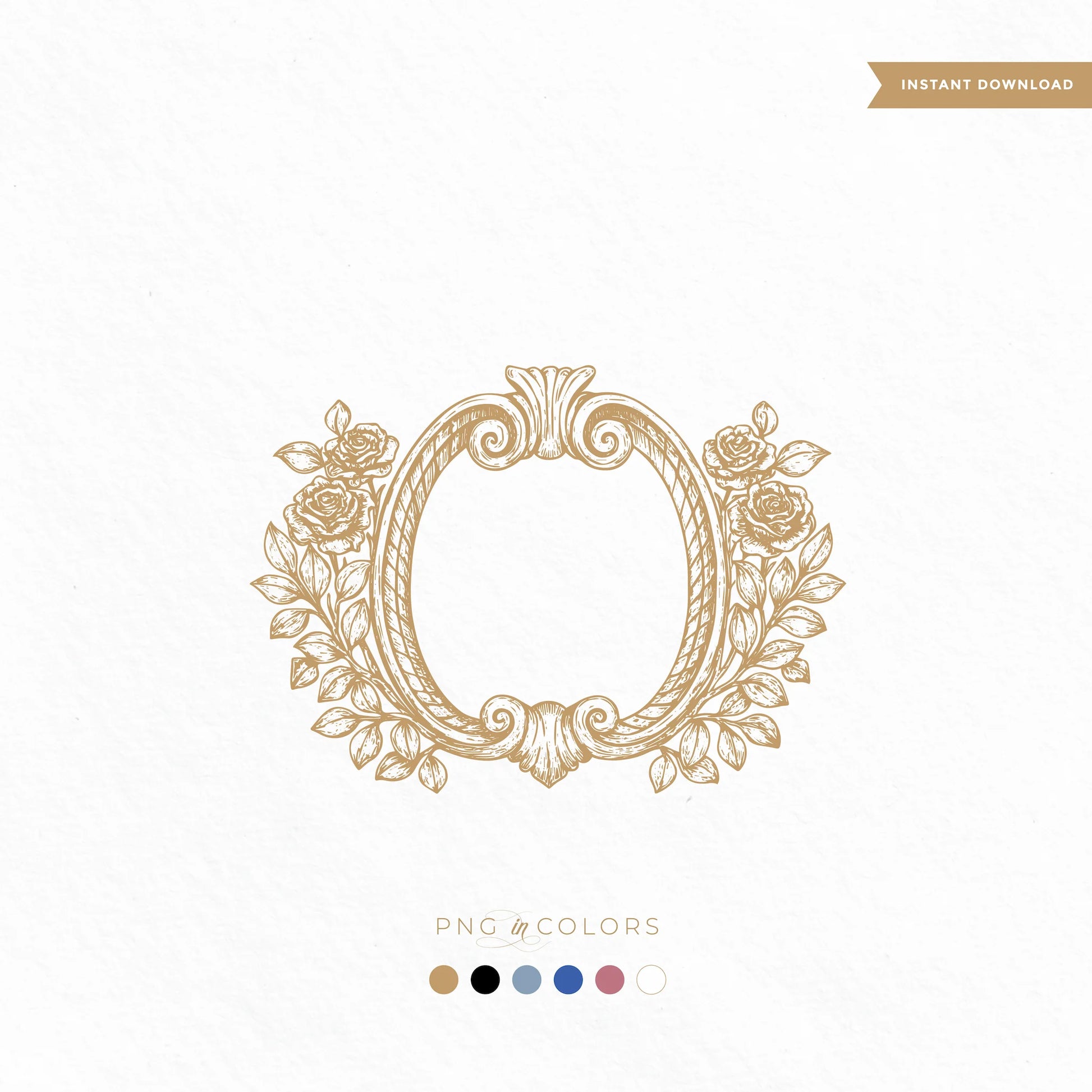 Vintage rose wedding crest SVG in gold with intricate floral scrollwork, showcased with editable color palette — instant download monogram logo for romantic stationery and branding