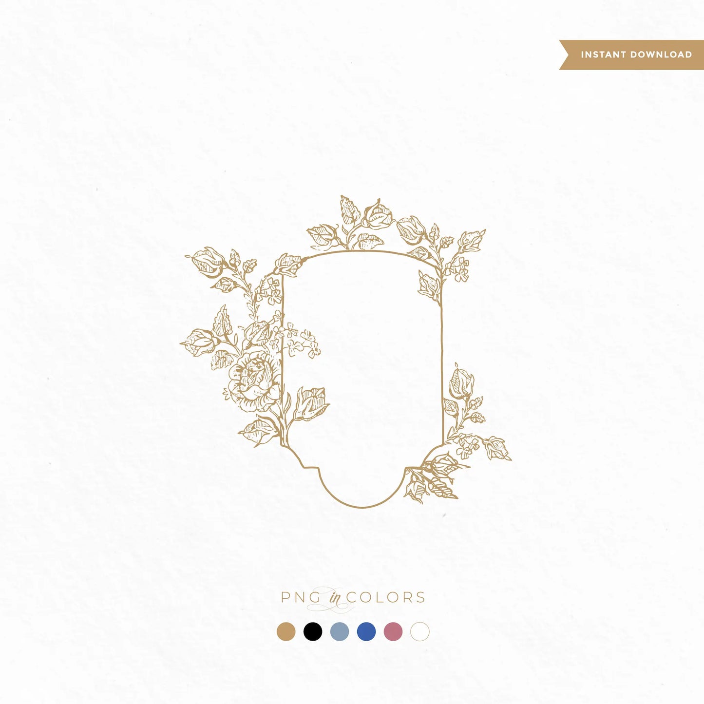 Editable rose floral wedding logo design in gold with vintage crest outline and botanical border, includes PNG and SVG – linvitinstant