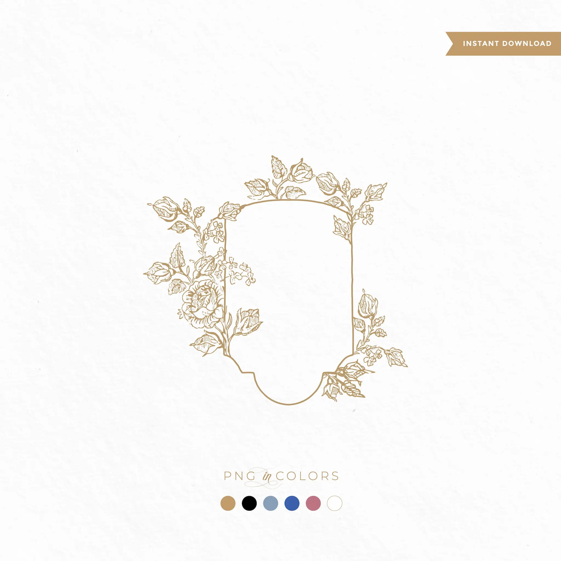 Editable rose floral wedding logo design in gold with vintage crest outline and botanical border, includes PNG and SVG – linvitinstant