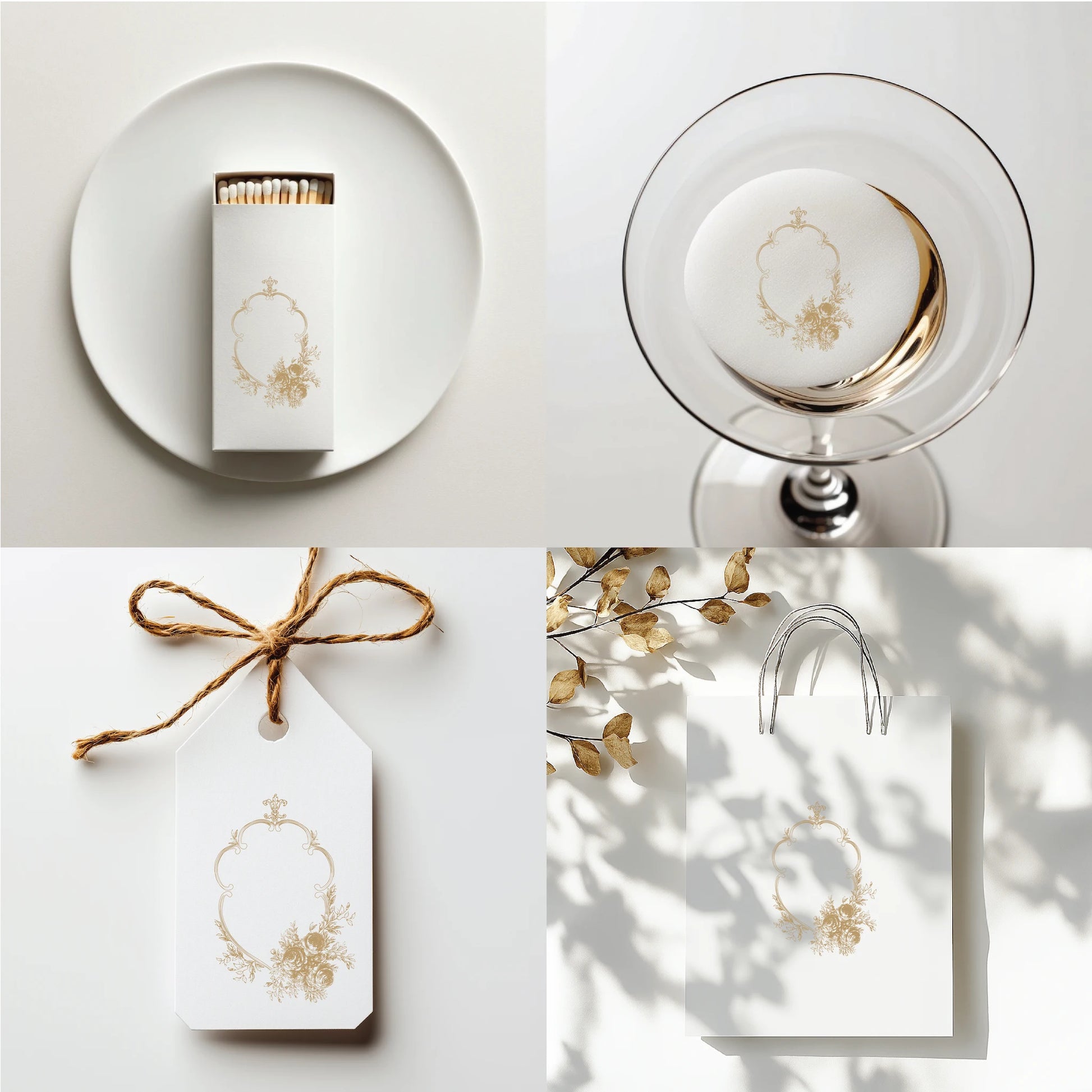 Elegant gold rose wedding monogram crest applied on matchbox, cocktail stirrer, favor tag, and gift bag – fine art baroque wedding logo design elements