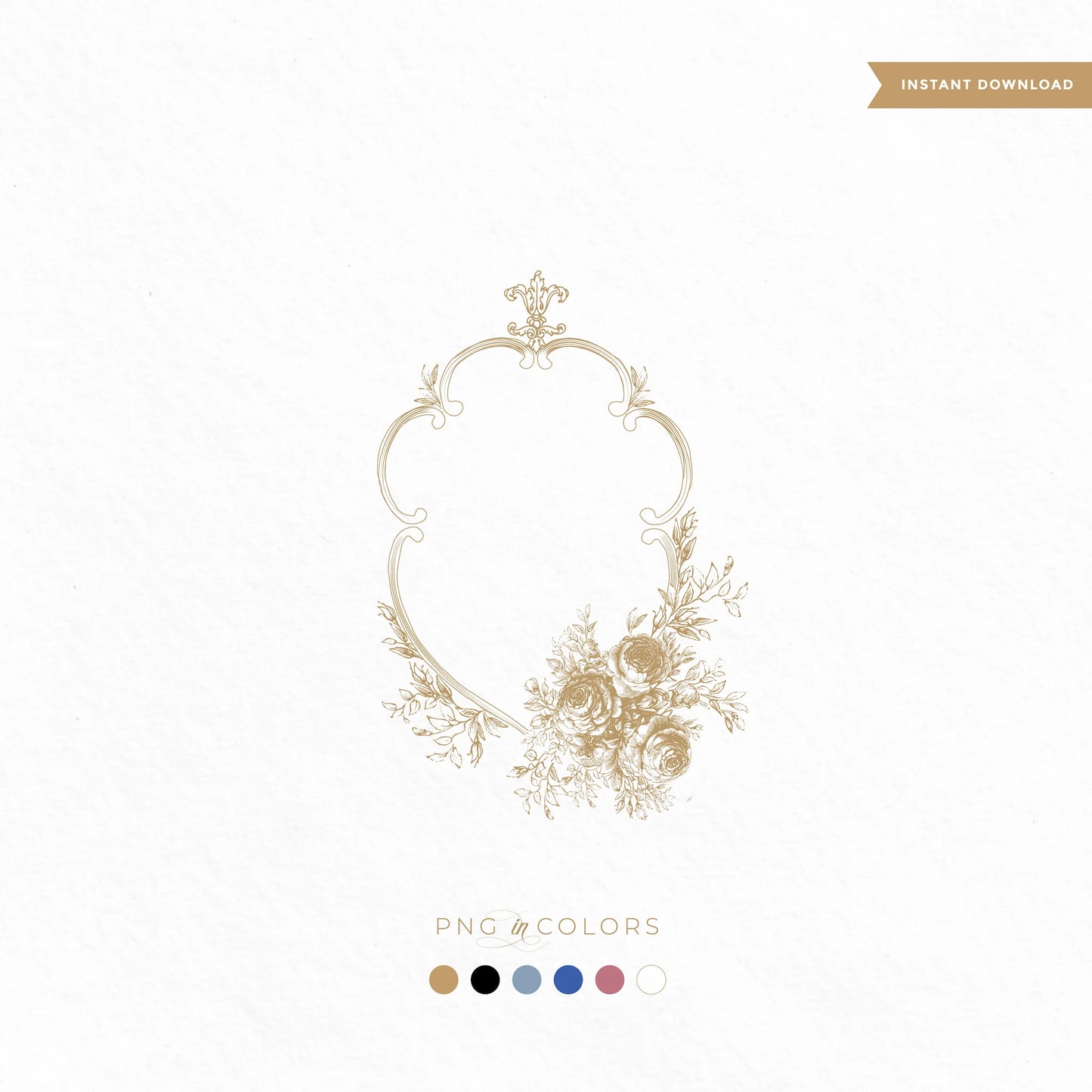 Vintage rose crest SVG illustration in gold with ornate floral border and fleur-de-lis top – digital wedding monogram PNG in 6 color options by LinvitInstant