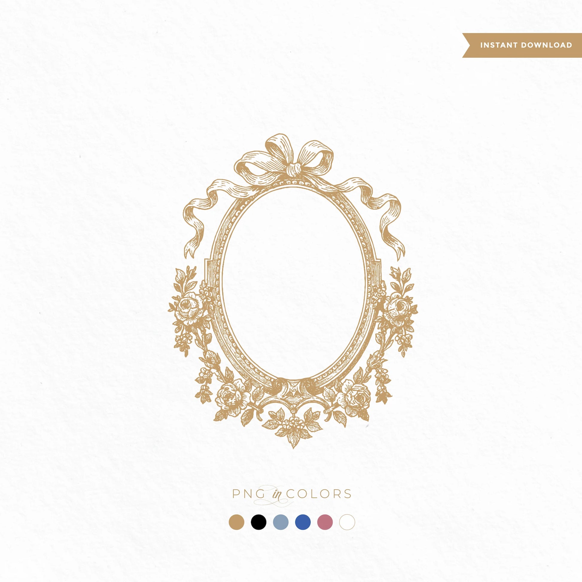 Hand-drawn vintage floral ribbon wedding crest SVG in gold with oval frame and botanical etchings – instant digital download in six classic colors.