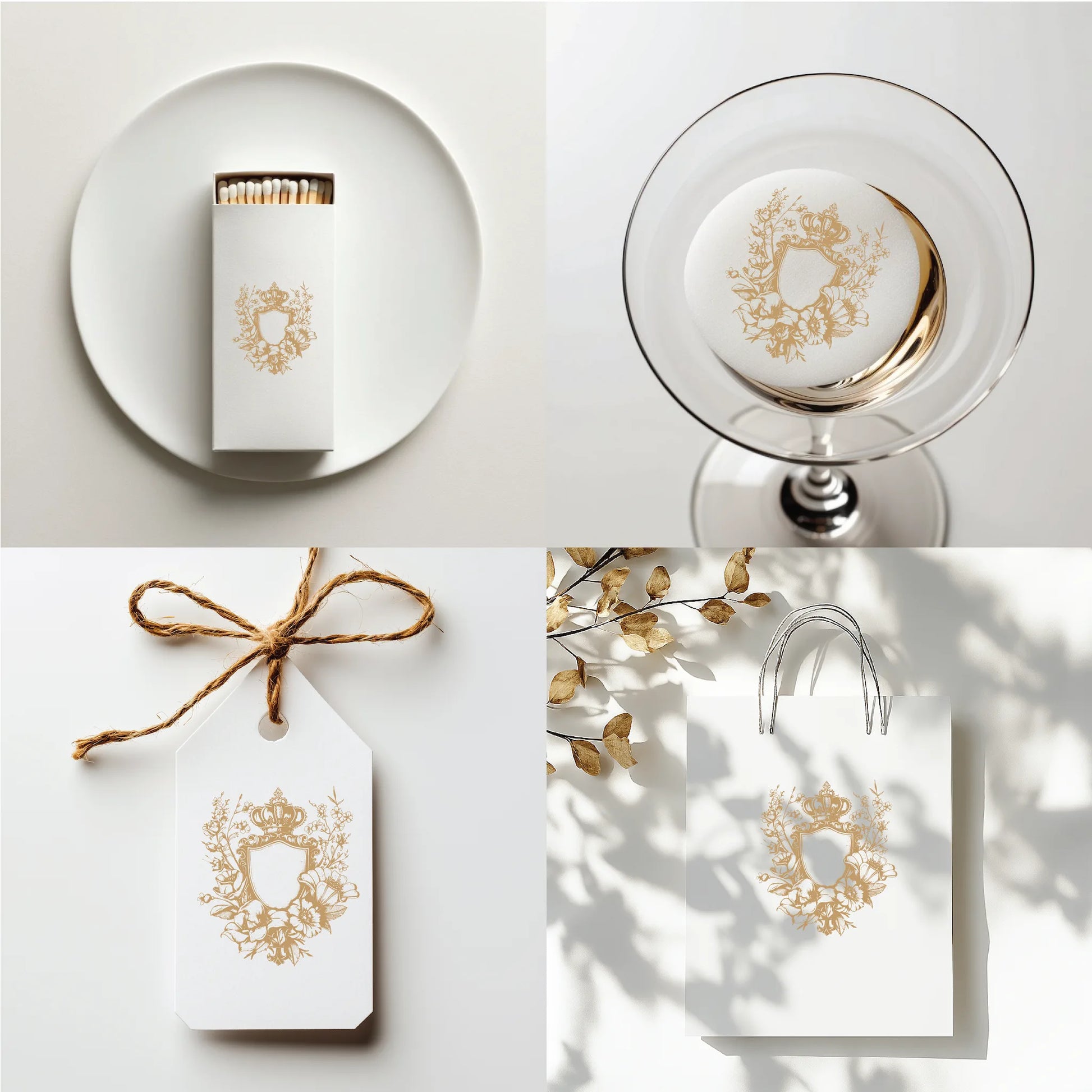 Elegant crown wedding crest printed on cocktail detail, matchbox, tag, and favor bag — vintage-inspired royal logo for luxury event branding and favors