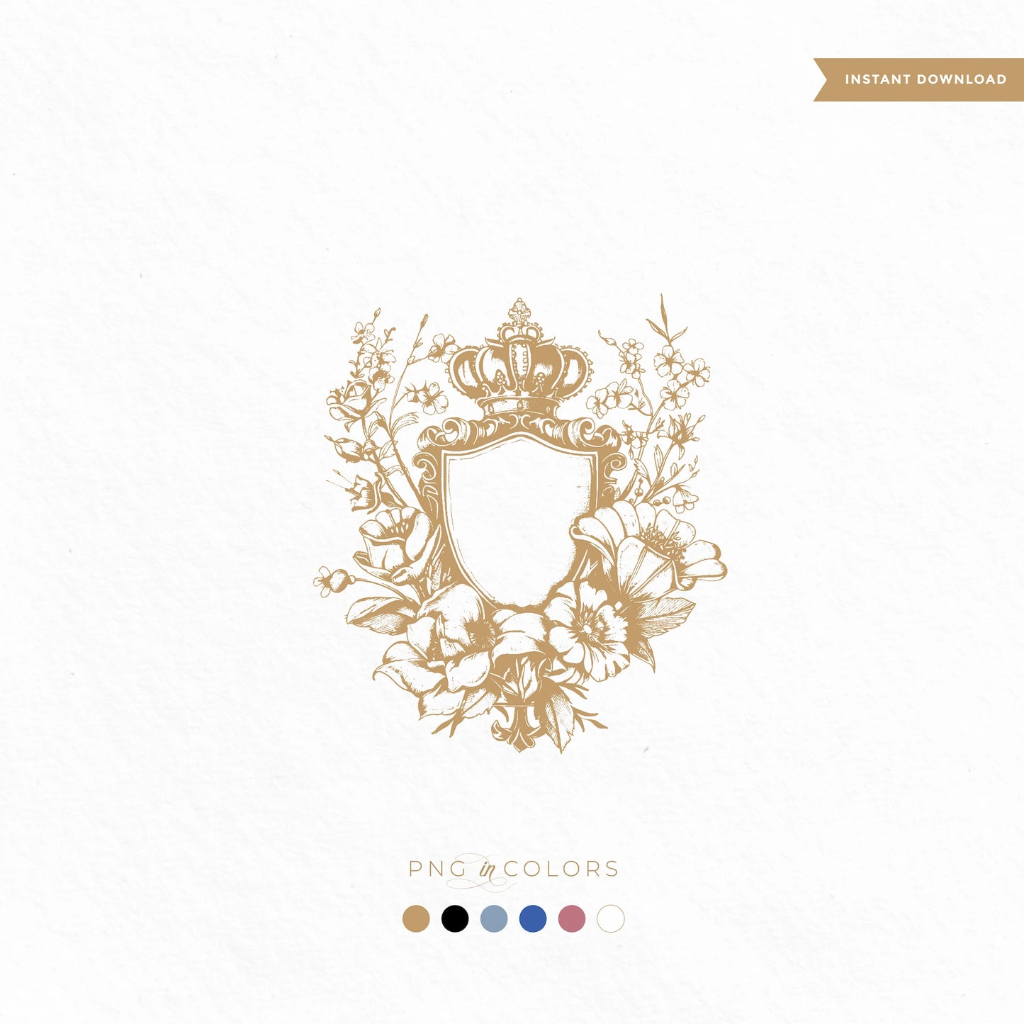 Royal floral wedding crest SVG featuring crown and botanical shield in 6 elegant colors — digital logo download for fairytale invitations and keepsakes