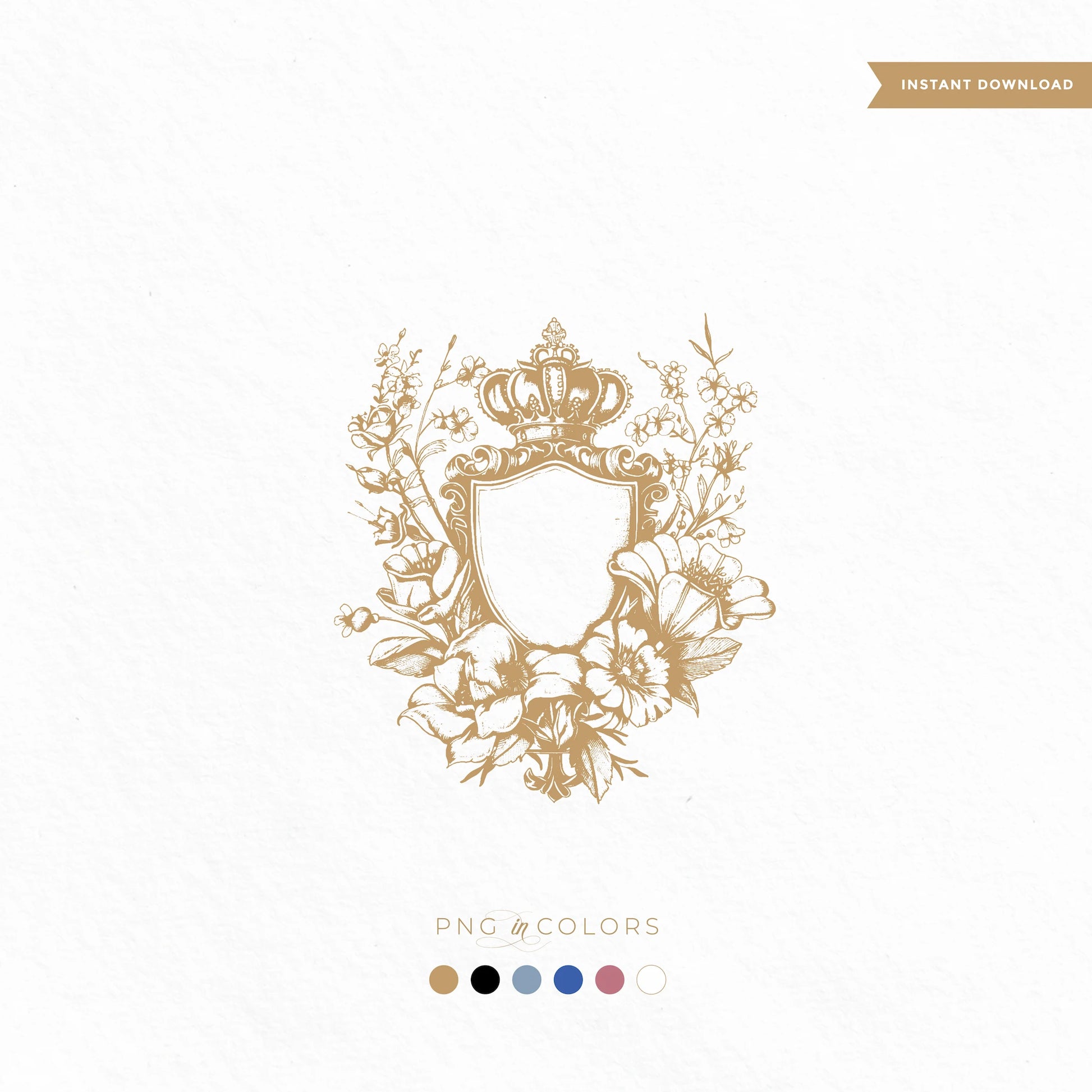 Royal floral wedding crest SVG featuring crown and botanical shield in 6 elegant colors — digital logo download for fairytale invitations and keepsakes