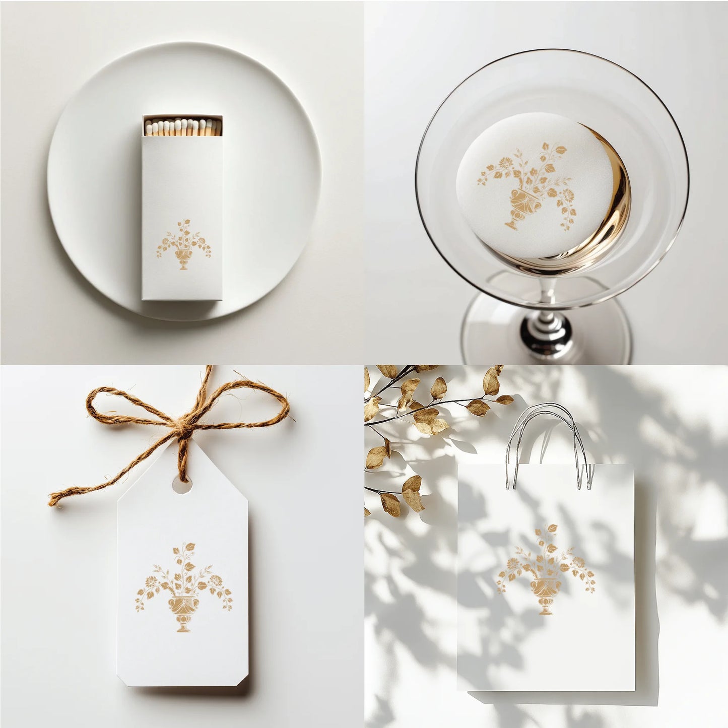 Luxury product packaging with antique vase crest — foil-stamped wine label, gift tag, candle label, and wedding favor with vintage botanical design