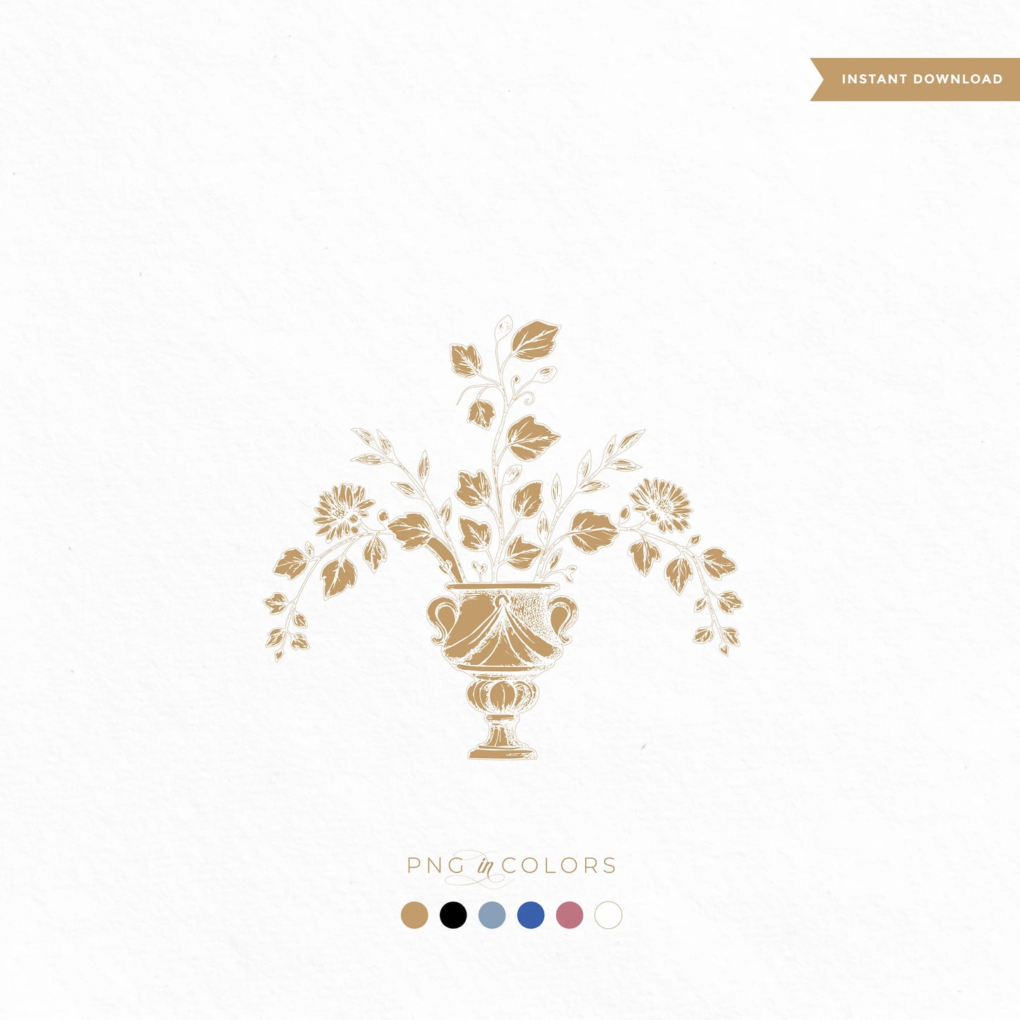 Hand-engraved vintage floral vase crest SVG — shown in 6 elegant colors, ideal for embossing, debossing, or foil-stamped wedding logos and gift tags