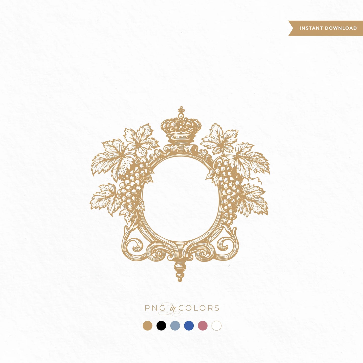 Vintage grapevine wedding crest logo with crown | editable vineyard monogram SVG PNG | wine-themed wedding design