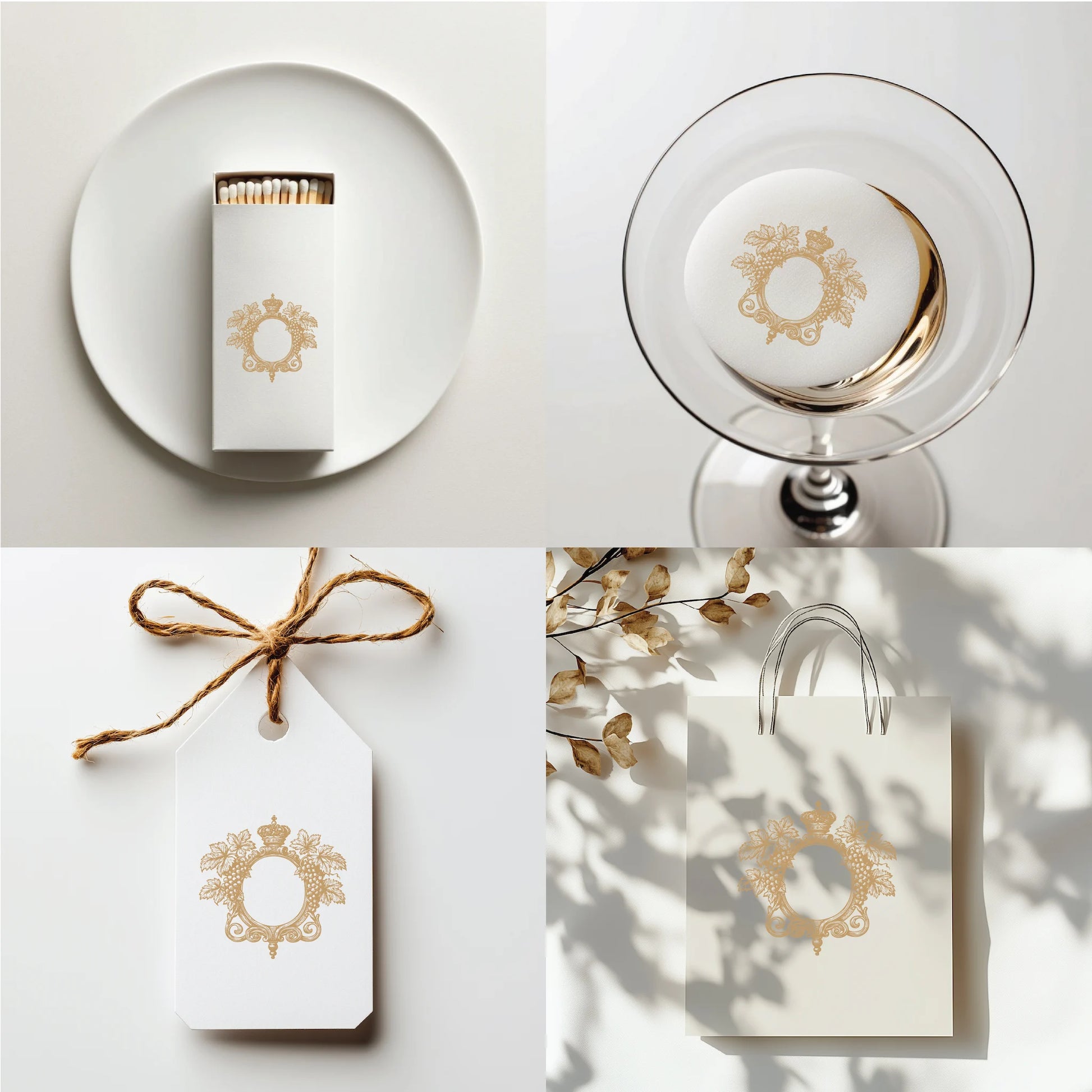 Grapes crest logo on matches, cocktail topper, gift tag, and wedding favor bag | elegant vineyard wedding monogram