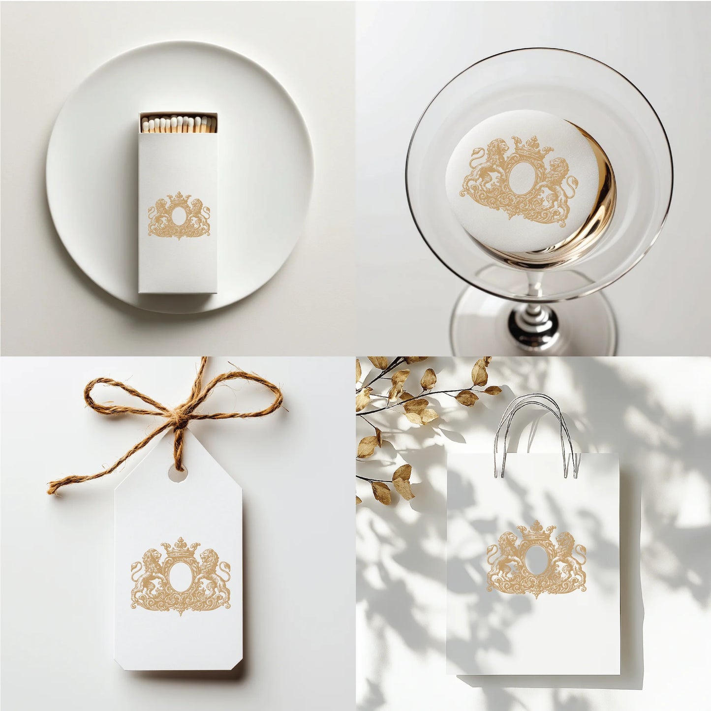 Elegant wedding monogram crest with two heraldic lions and crown printed on fine stationery, gift tags , gift bag