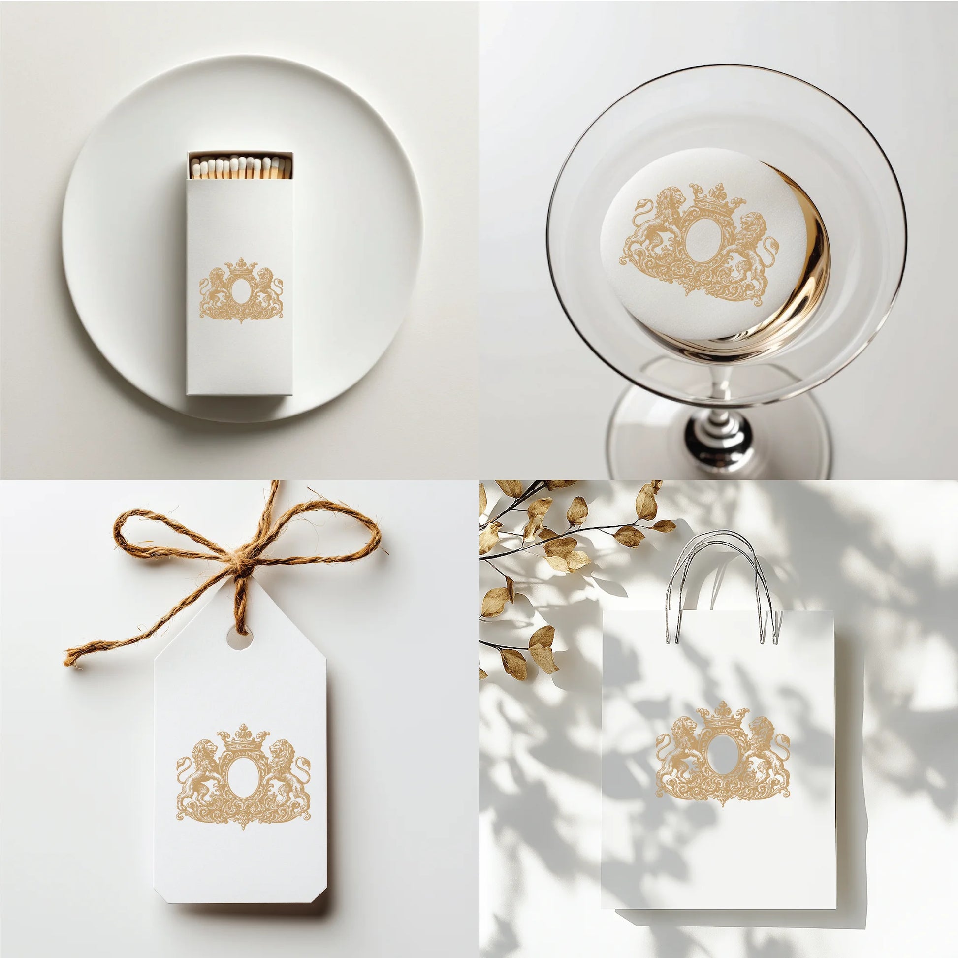 Elegant wedding monogram crest with two heraldic lions and crown printed on fine stationery, gift tags , gift bag