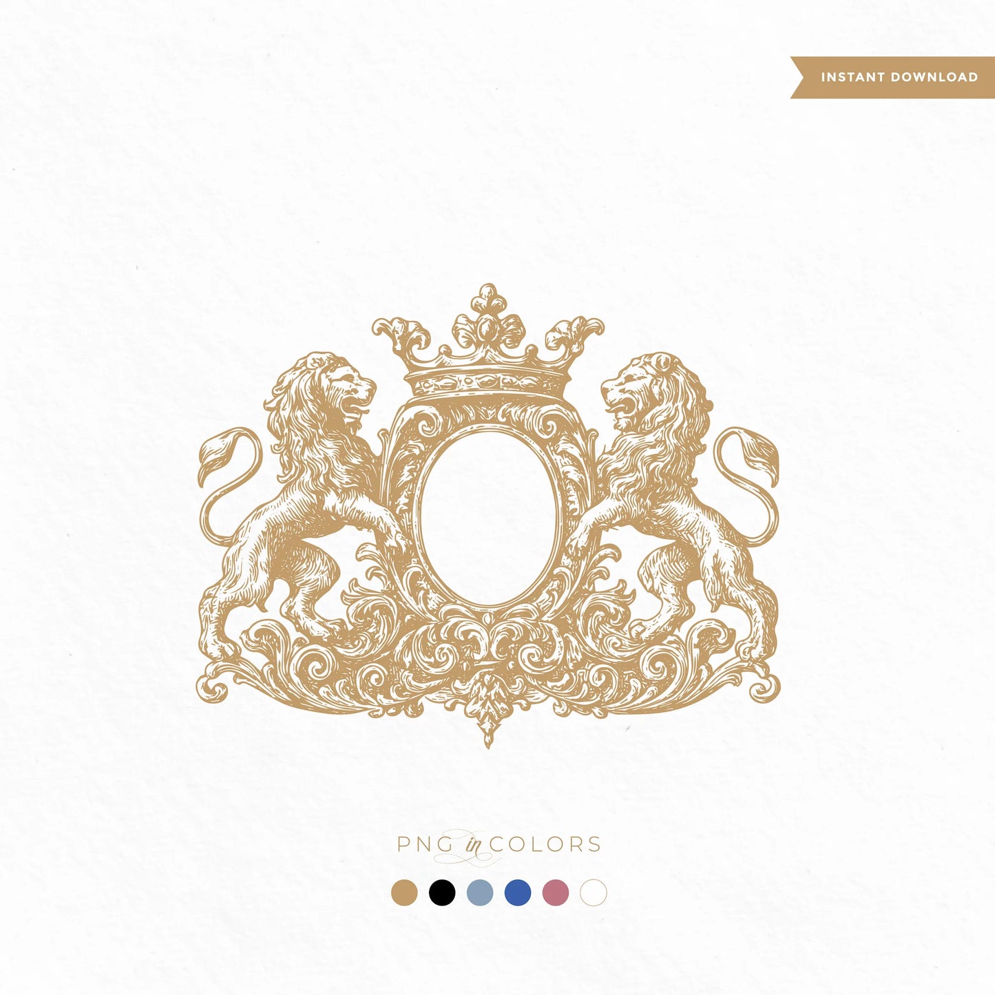 Vintage lion wedding crest logo with crown and ornate frame in gold, digital PNG design on white background with included color swatches