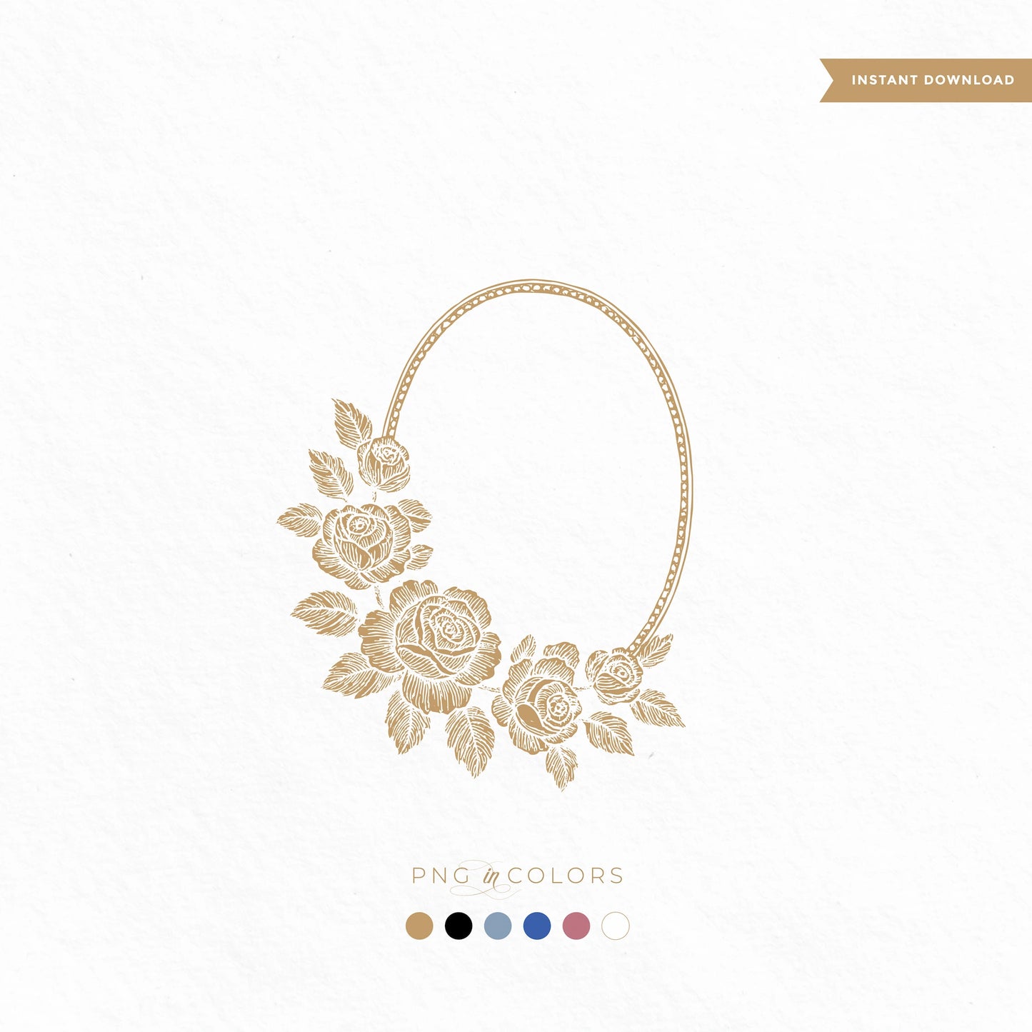 Delicate vintage oval wedding crest with hand-drawn roses, perfect for deboss, emboss, foil printing on invitations
