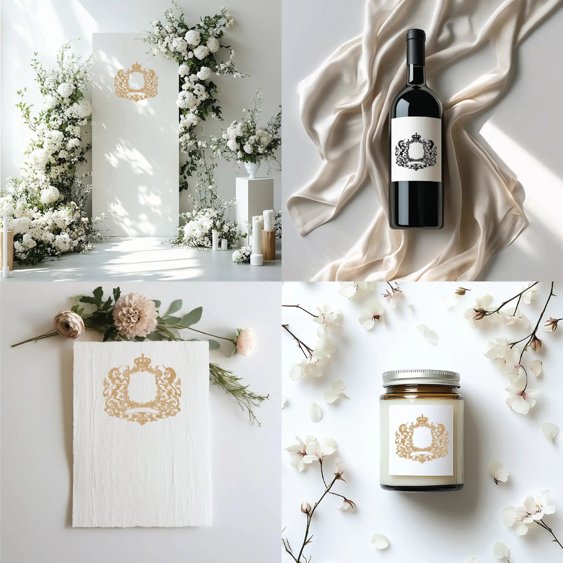 Vintage unicorn wedding crest used on ceremony backdrop, wine bottle label, handmade paper, and romantic candle gift tag – editable fairytale wedding logo design