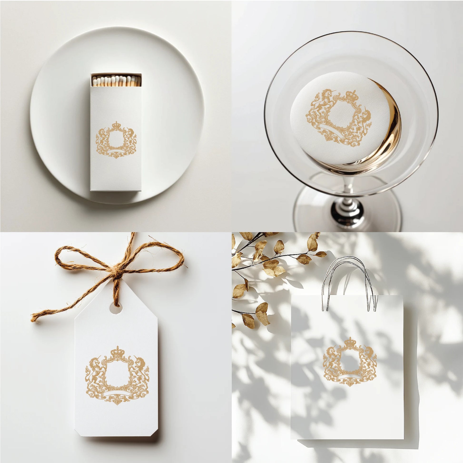Editable unicorn monogram crest for matchbox, drink coaster, wedding favor tag, and luxury shopping bag – royal fairytale SVG for fine weddings
