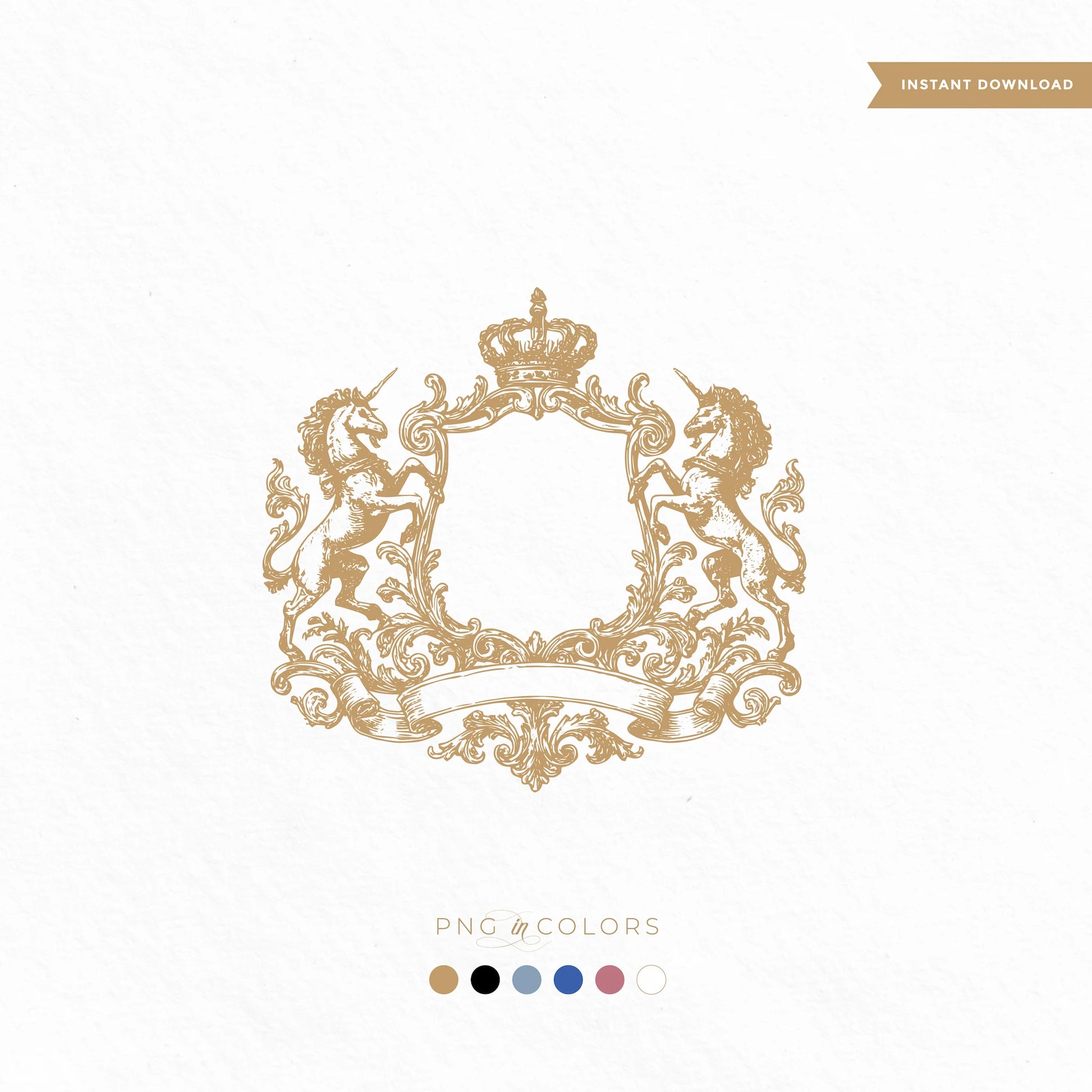 Elegant vintage wedding logo crest with unicorns and crown – fairytale monogram frame in 6 high-resolution colors, instant download SVG