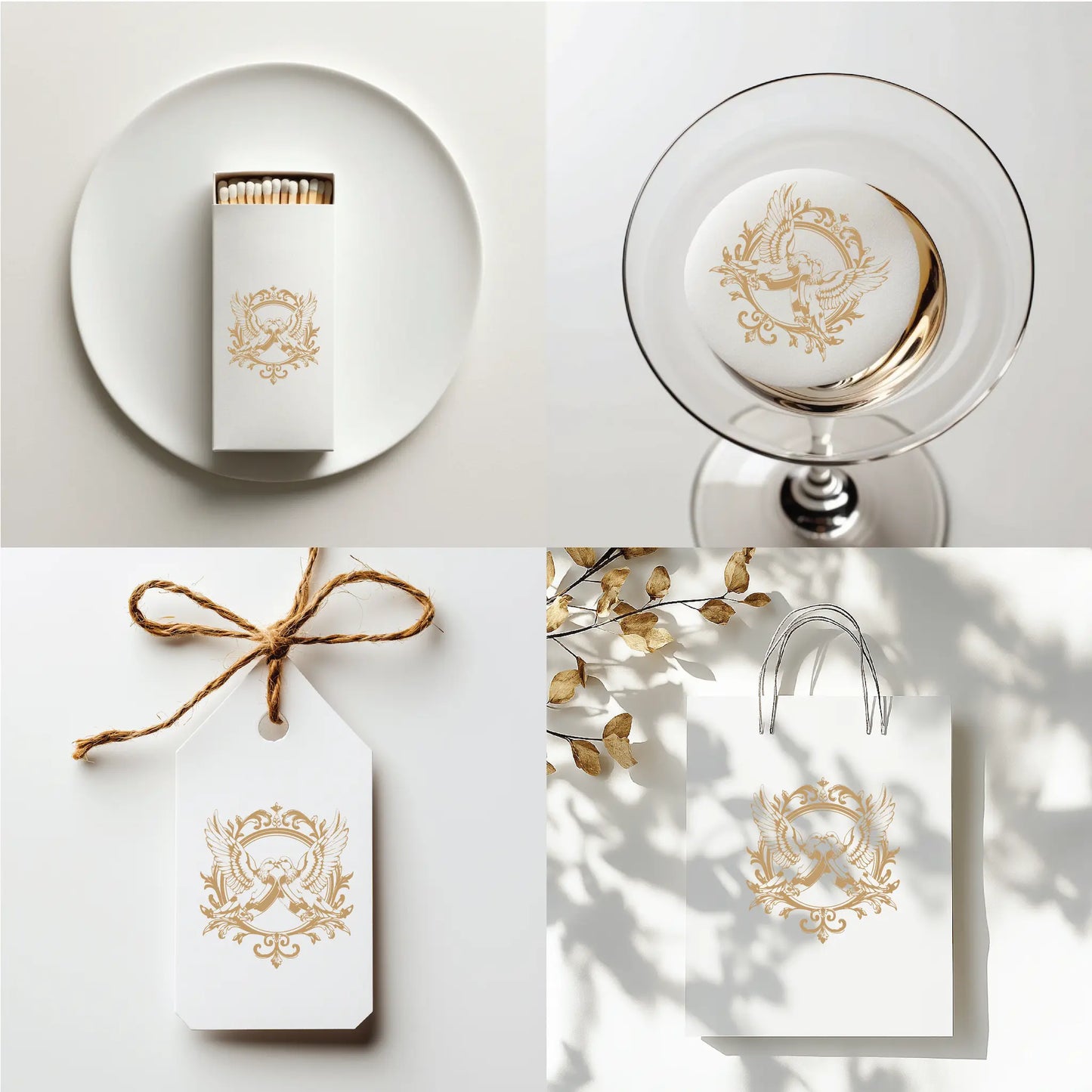 Fine art wedding invitation and candle label featuring vintage kissing doves crest in gold – customizable SVG for wedding stationery and favors