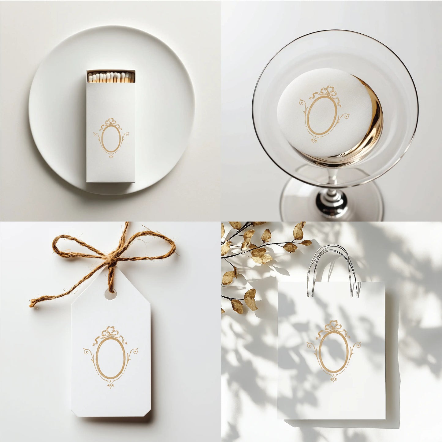 Delicate line art wedding logo with ornate oval frame used on matchbox, glass detail, gift tag, and luxury favor bag – versatile crest design for elegant wedding stationery and packaging.