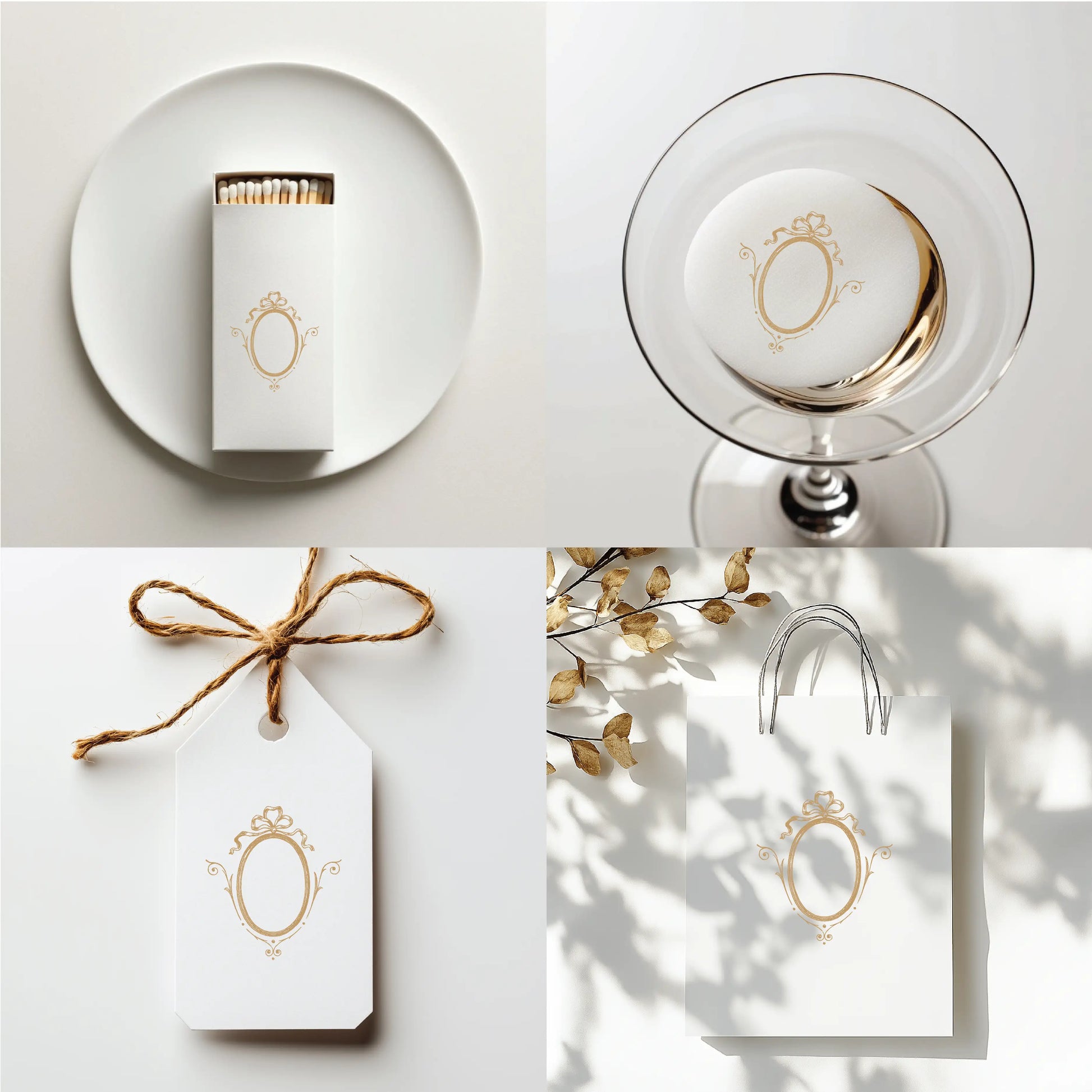 Delicate line art wedding logo with ornate oval frame used on matchbox, glass detail, gift tag, and luxury favor bag – versatile crest design for elegant wedding stationery and packaging.