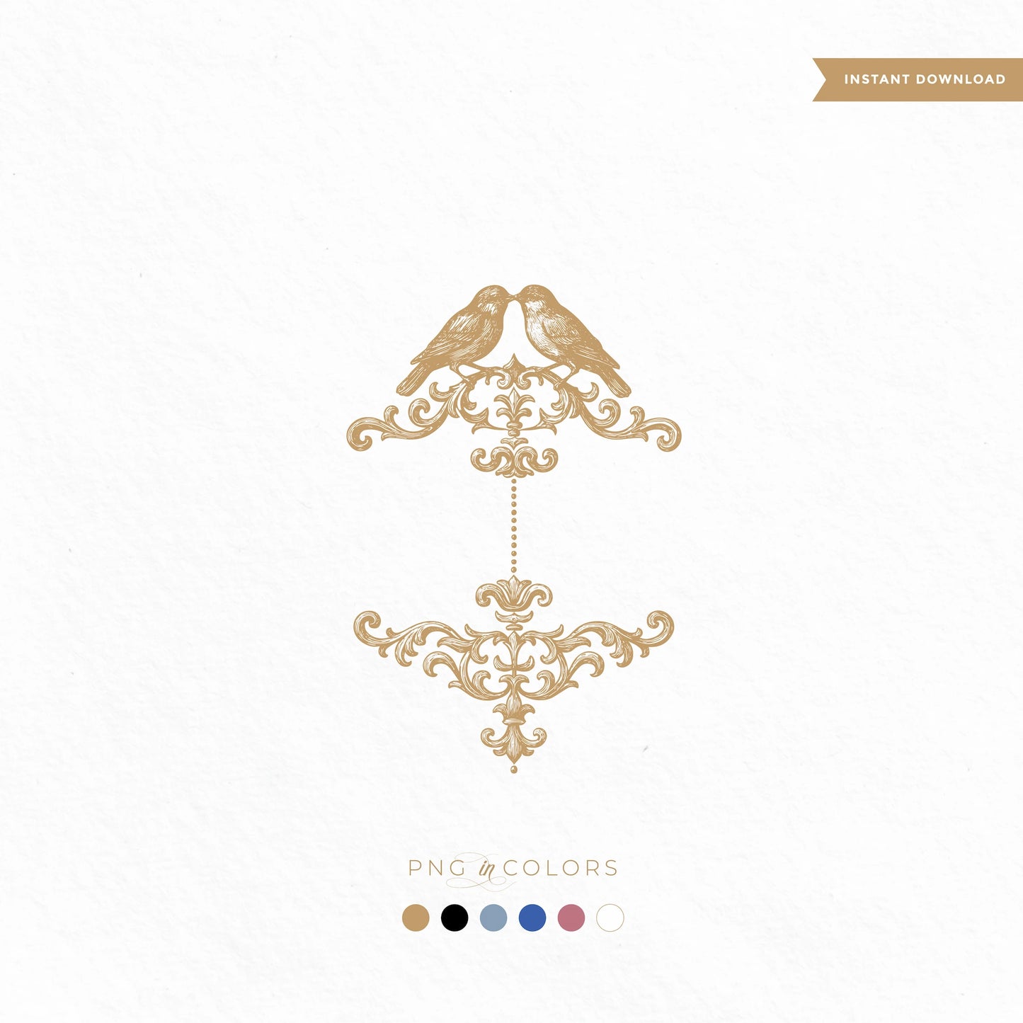Romantic vintage lovebird crest logo SVG design in gold, ornate baroque style, includes multiple PNG colors for wedding branding