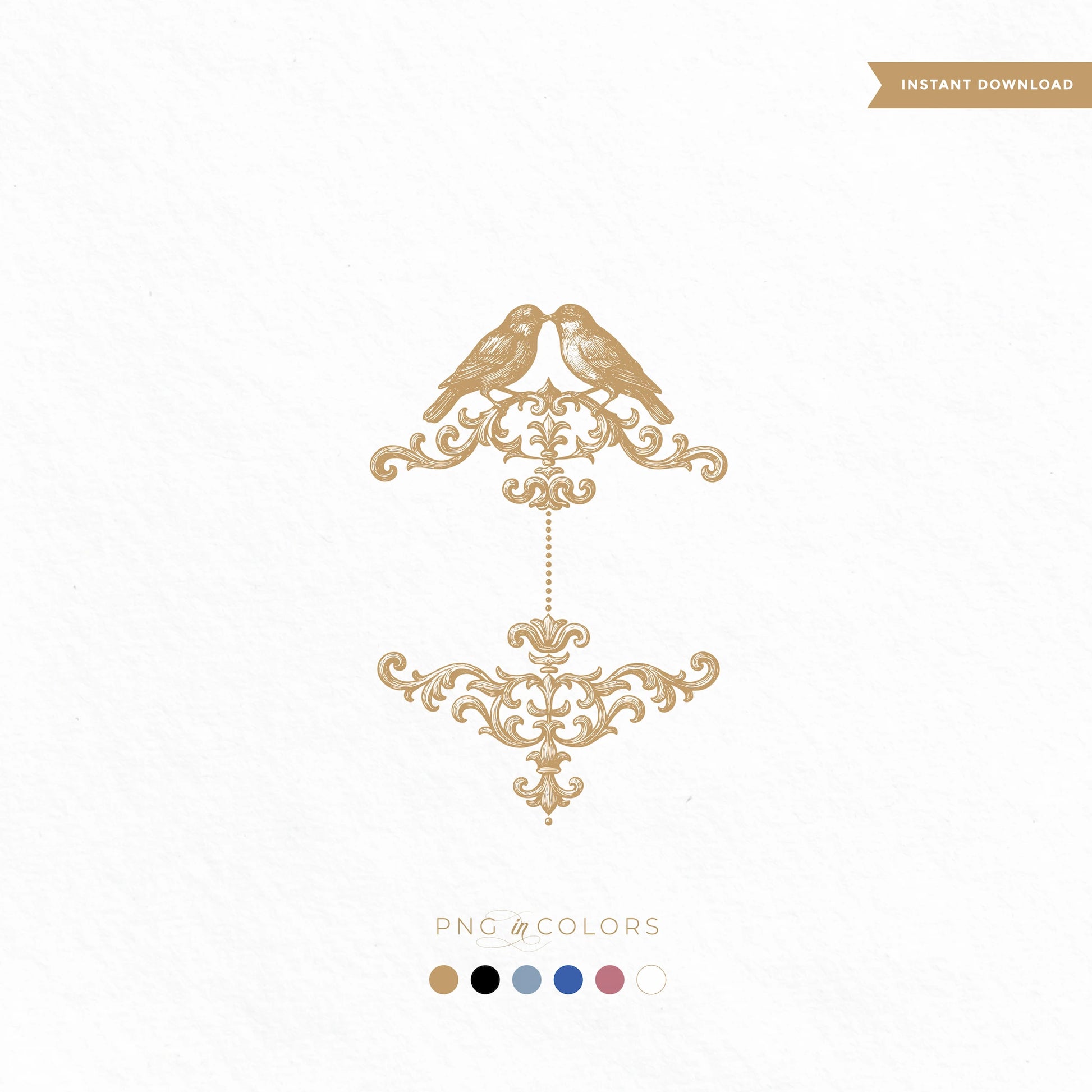 Romantic vintage lovebird crest logo SVG design in gold, ornate baroque style, includes multiple PNG colors for wedding branding