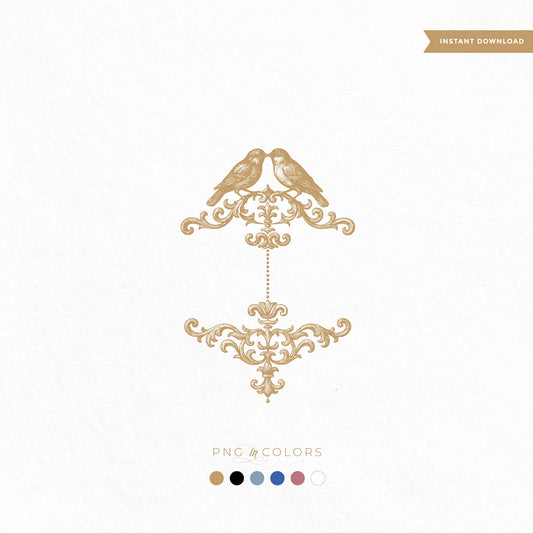 Romantic vintage lovebird crest logo SVG design in gold, ornate baroque style, includes multiple PNG colors for wedding branding