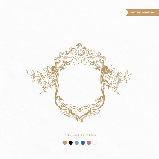 Ornate vintage wedding crest with baroque scrolls and botanical flourishes — fine art monogram logo in gold, rose, blue, black, and white PNG & SVG formats by LinvitInstant.