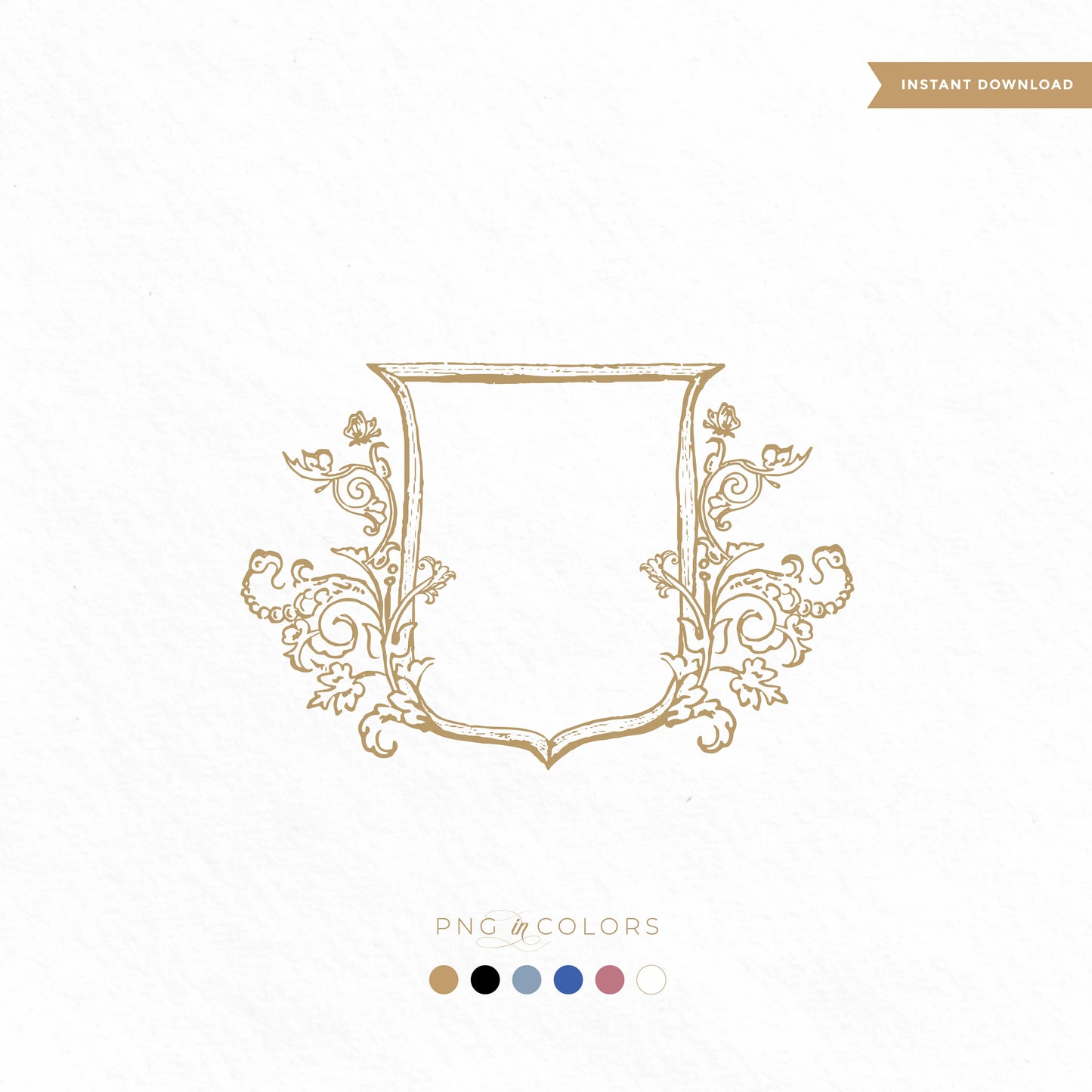 Hand-drawn vintage wedding crest frame in gold with floral ornament — fine art monogram logo PNG in multiple colors by linvitinstant