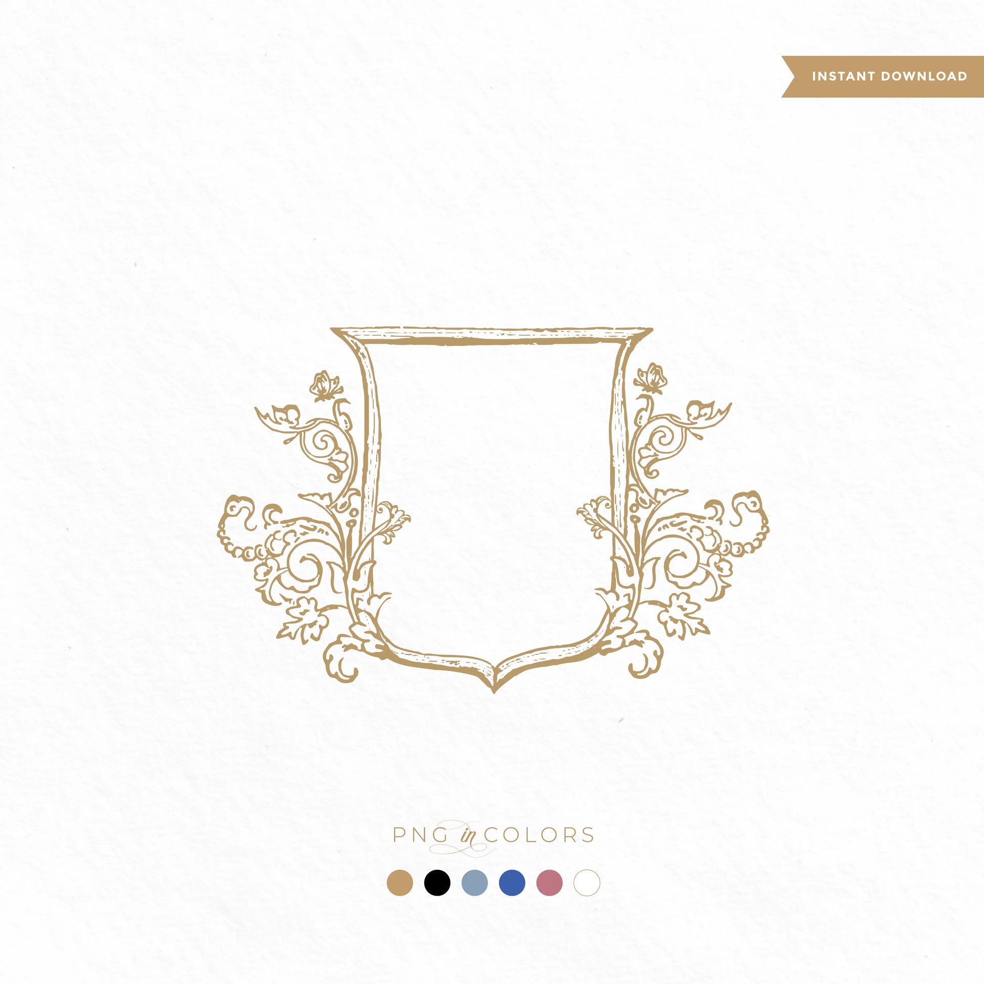 Hand-drawn vintage wedding crest frame in gold with floral ornament — fine art monogram logo PNG in multiple colors by linvitinstant