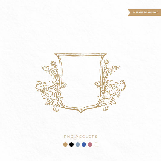 Hand-drawn vintage wedding crest frame in gold with floral ornament — fine art monogram logo PNG in multiple colors by linvitinstant