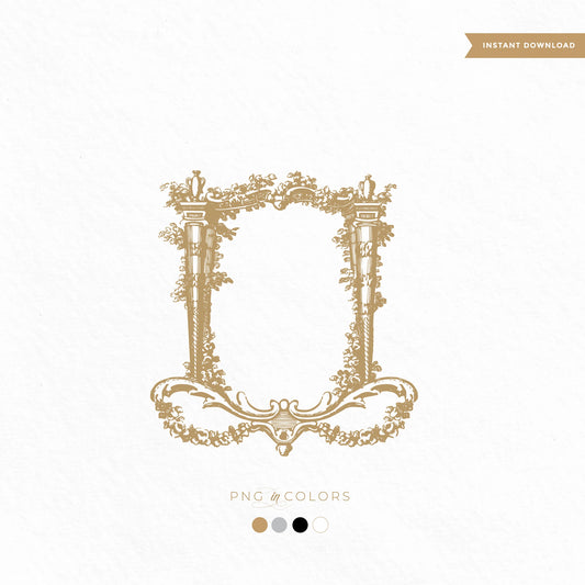 Antique wedding monogram crest in gold featuring engraved pillars and scrollwork, editable PNG in 4 colors for fine art wedding logo designs