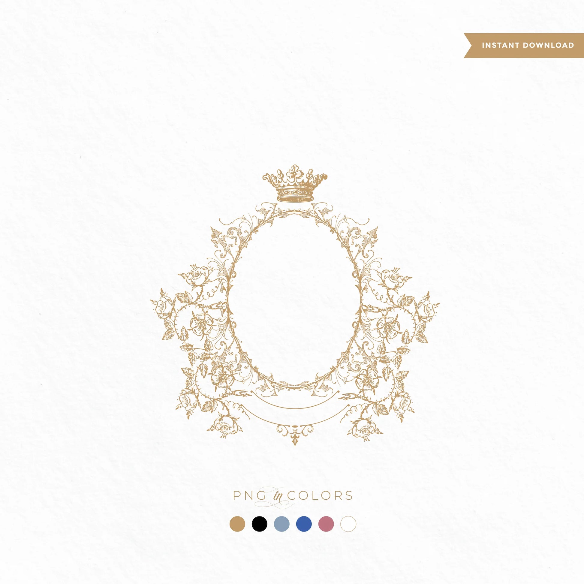 Vintage rose wedding crest with crown SVG in gold – editable monogram emblem for invitations, vow books, or branding

