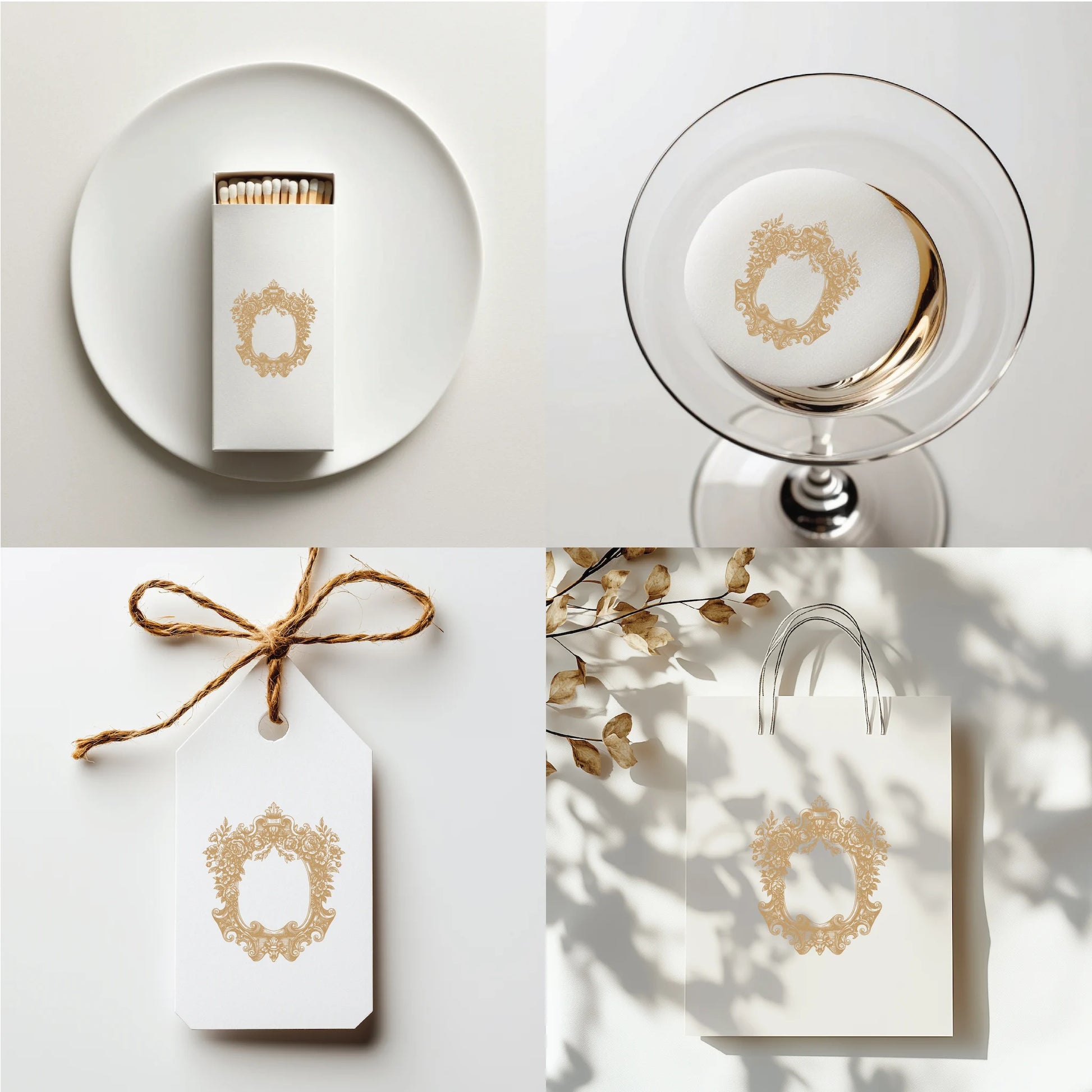 Editable wedding logo on matches, cocktail topper, favor tag, and paper bag | hand drawn crest logo PNG for download