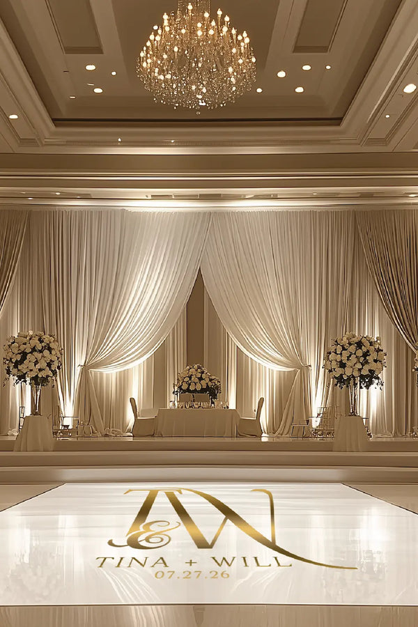 wedding monogram design, floor wrap mockup demonstrating how the monogram works on dance floor vinyl for weddings